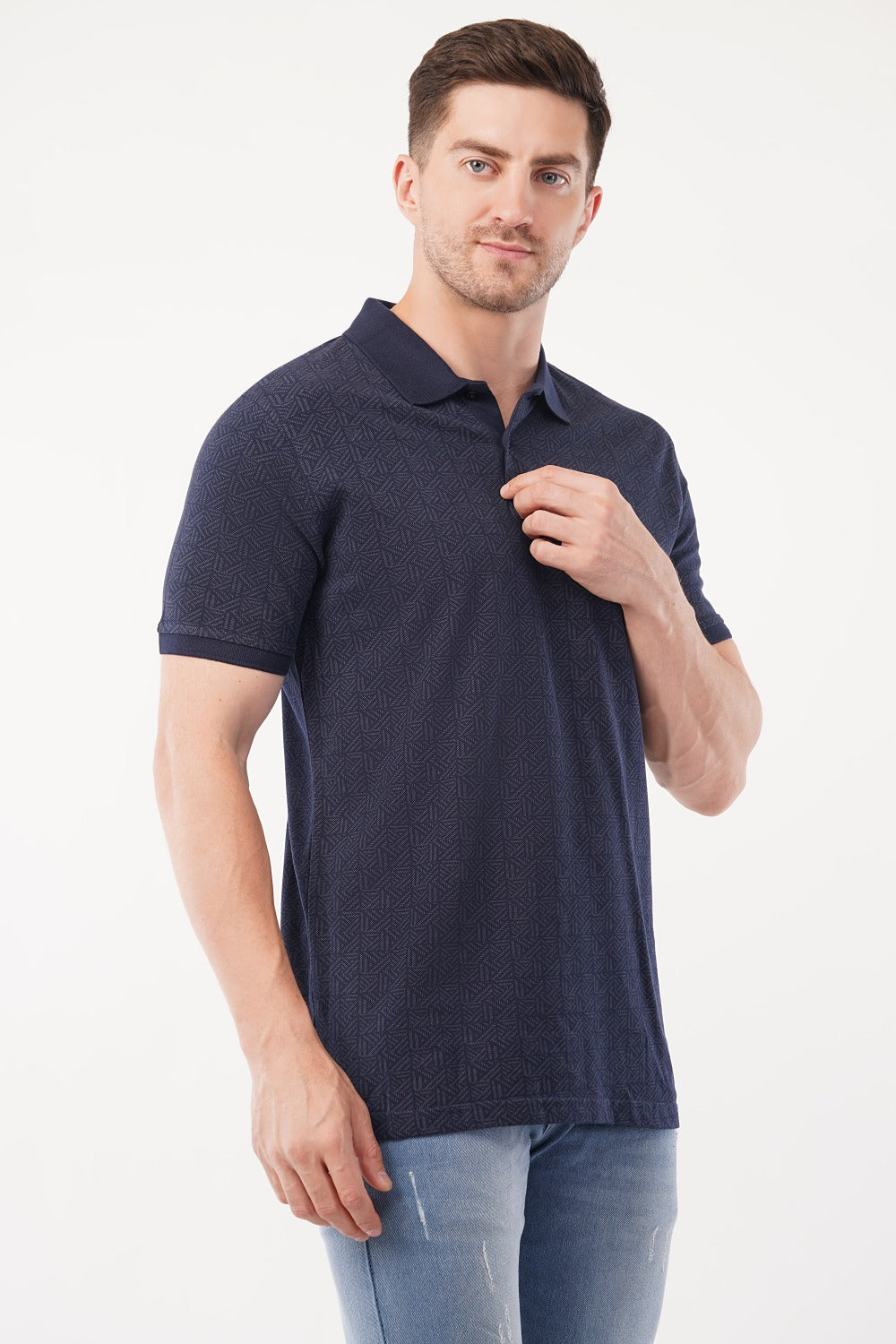 Louis Philippe Navy Blue Geometric Pattern  Half Sleeve Polo  T-shirt