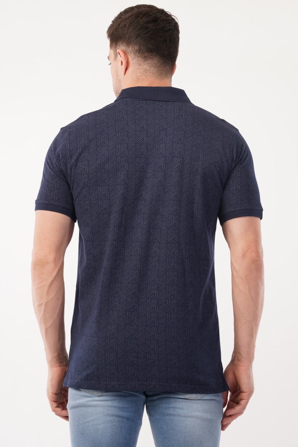 Louis Philippe Navy Blue Geometric Pattern  Half Sleeve Polo  T-shirt
