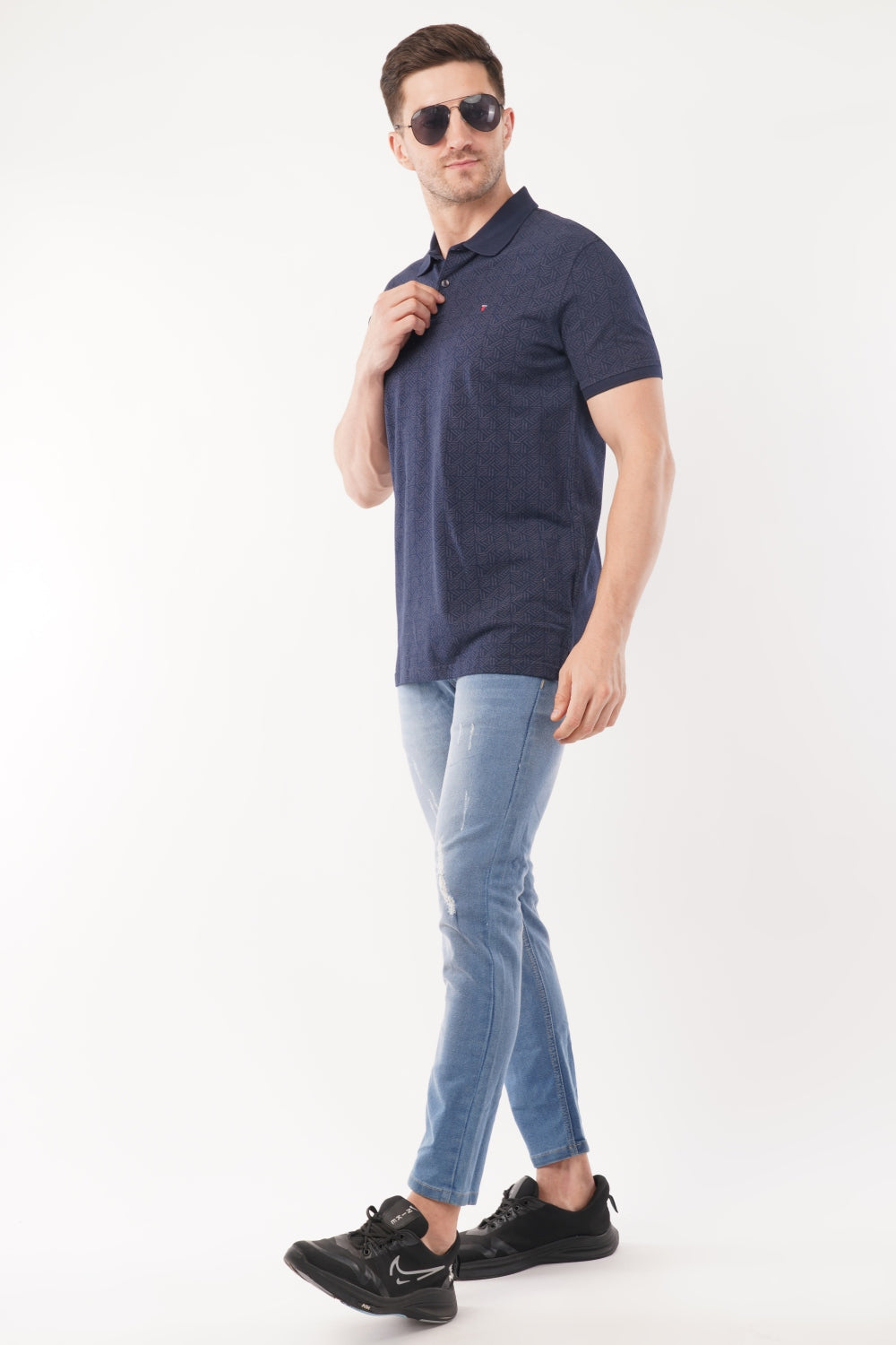 Louis Philippe Navy Blue Geometric Pattern  Half Sleeve Polo  T-shirt
