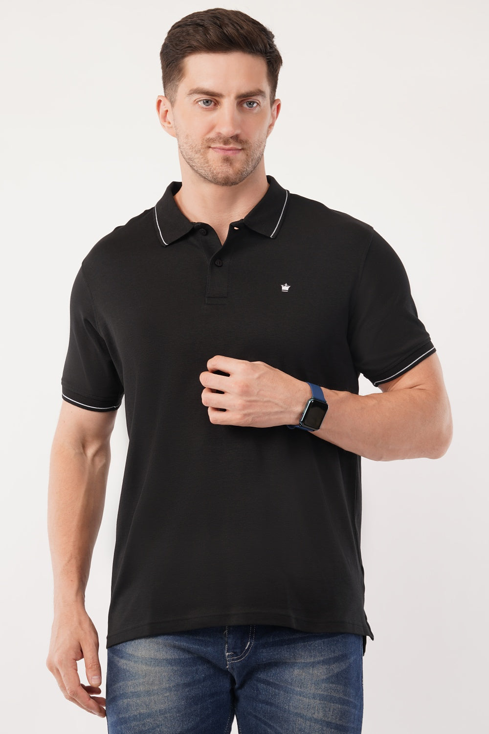 Louis Philippe Solid Black White Stripecraft Half Sleeve Polo  T-shirt
