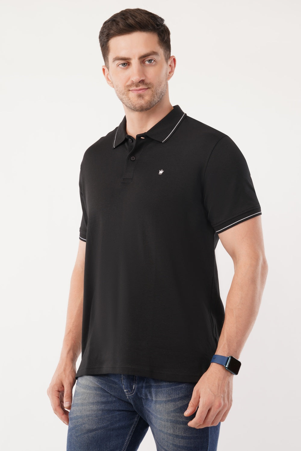 Louis Philippe Solid Black White Stripecraft Half Sleeve Polo  T-shirt