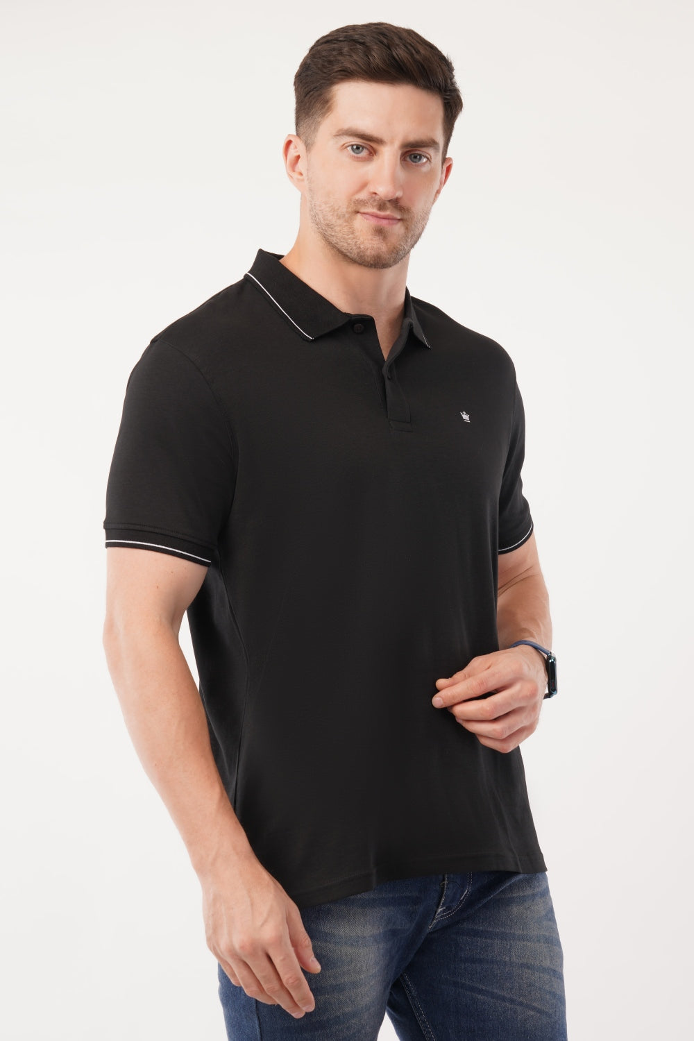 Louis Philippe Solid Black White Stripecraft Half Sleeve Polo  T-shirt