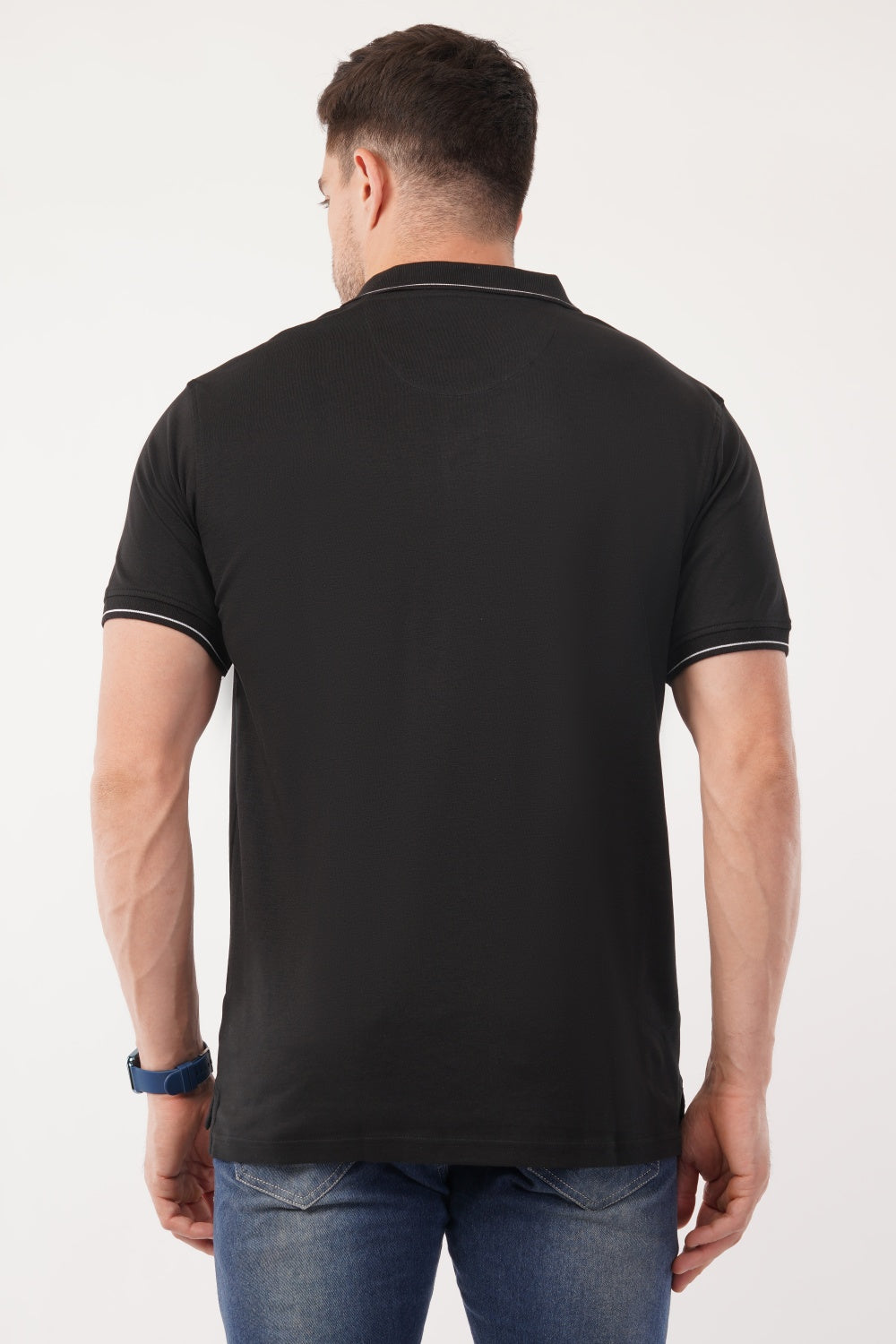 Louis Philippe Solid Black White Stripecraft Half Sleeve Polo  T-shirt