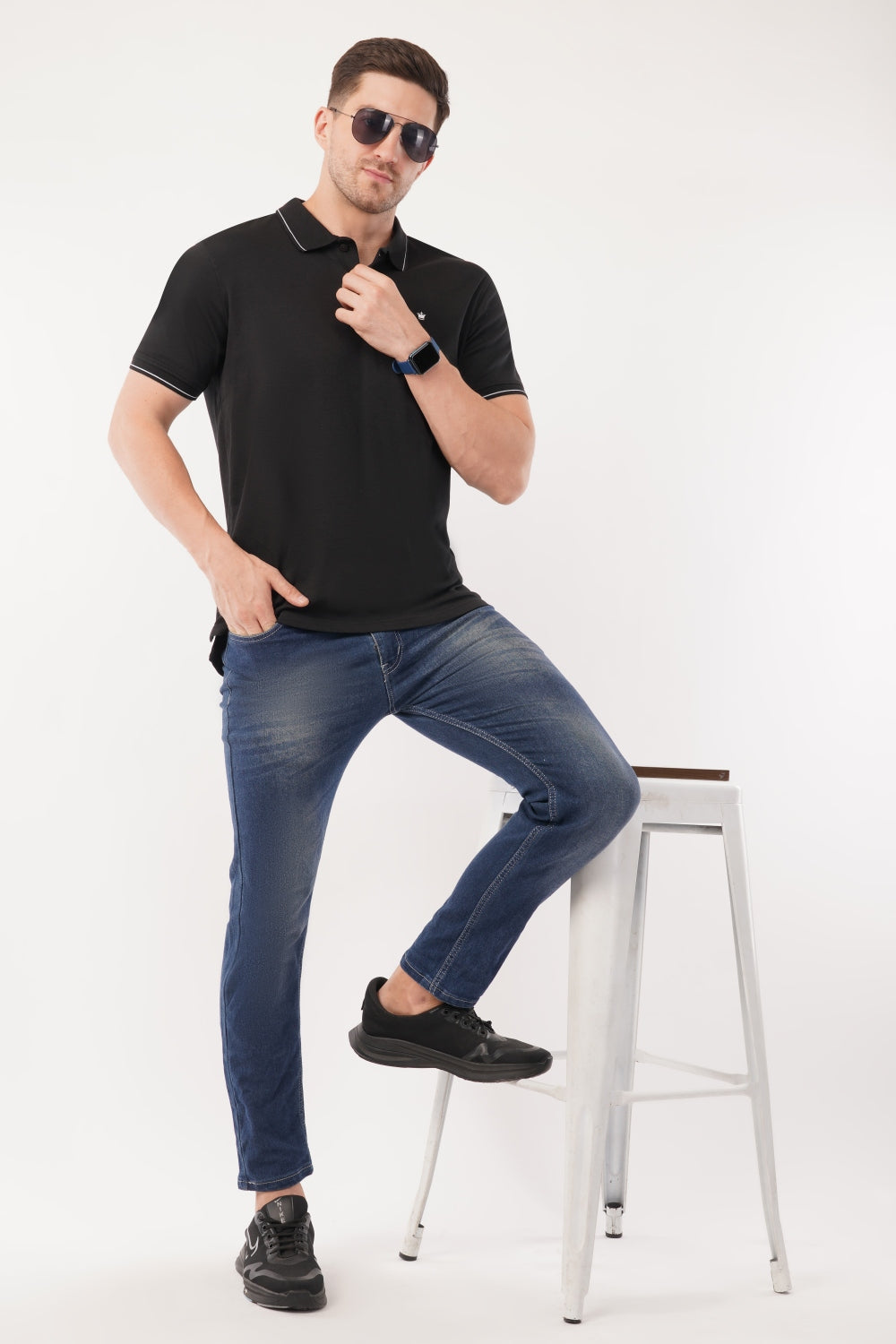 Louis Philippe Solid Black White Stripecraft Half Sleeve Polo  T-shirt