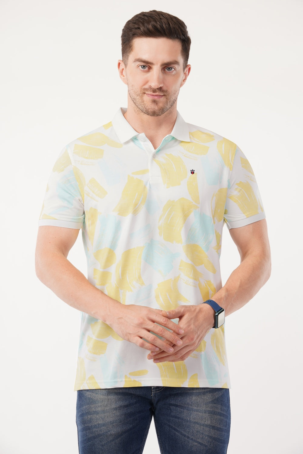 Louis Philippe Yellow & Blue Abstract Print Half Sleeve Polo  T-shirt
