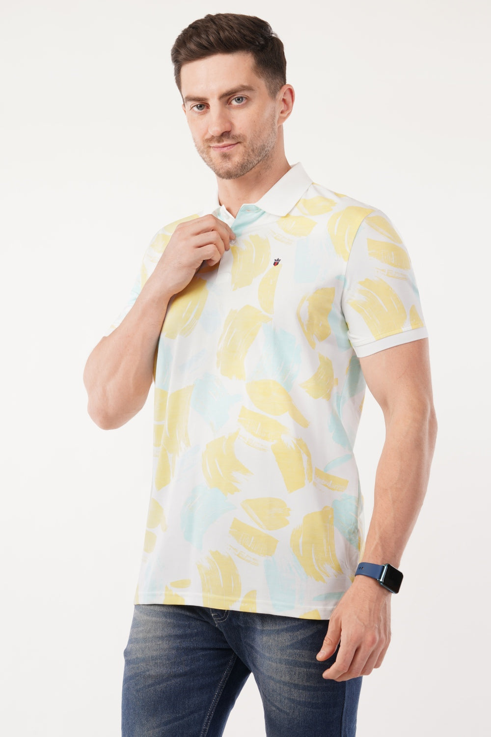 Louis Philippe Yellow & Blue Abstract Print Half Sleeve Polo  T-shirt