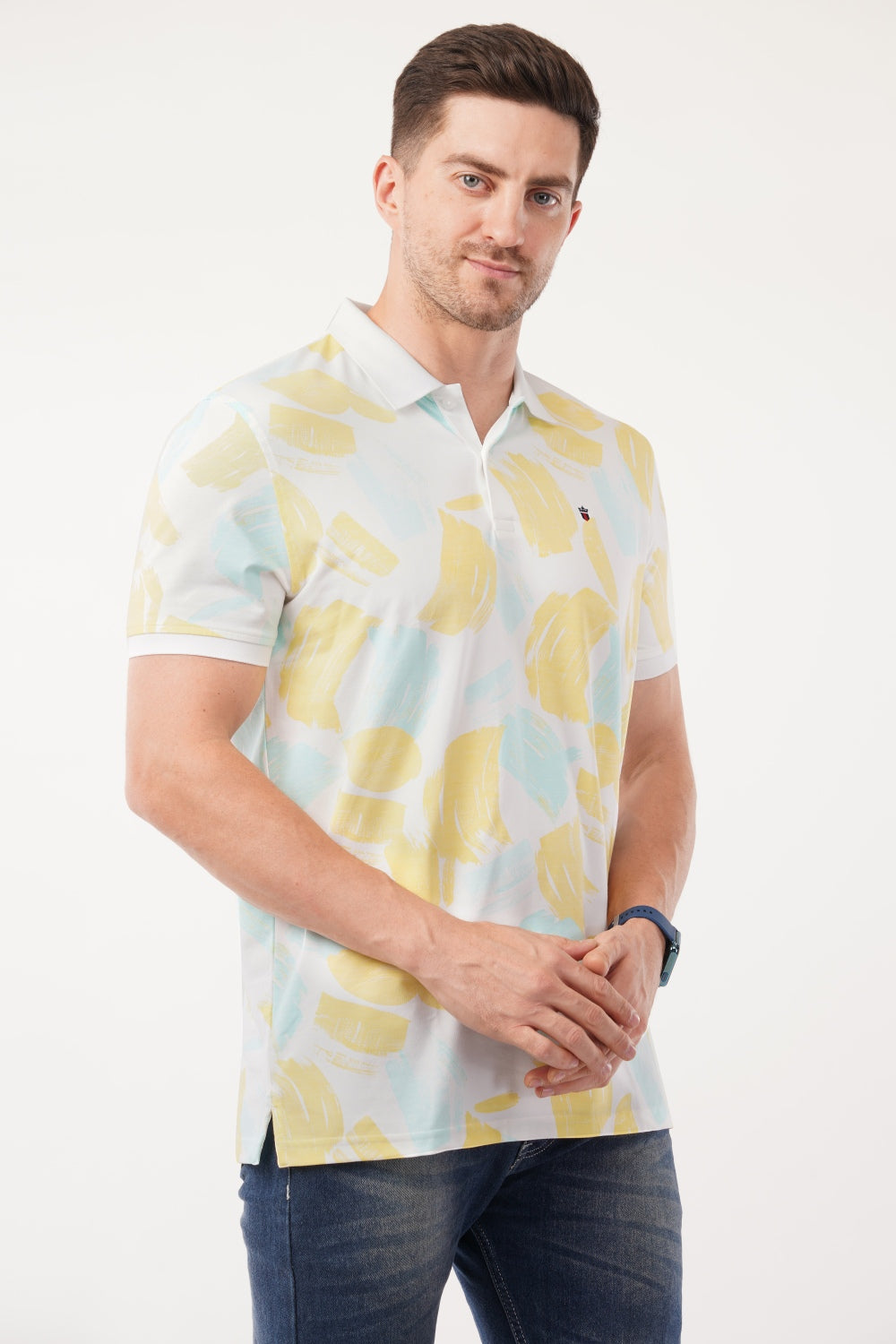 Louis Philippe Yellow & Blue Abstract Print Half Sleeve Polo  T-shirt
