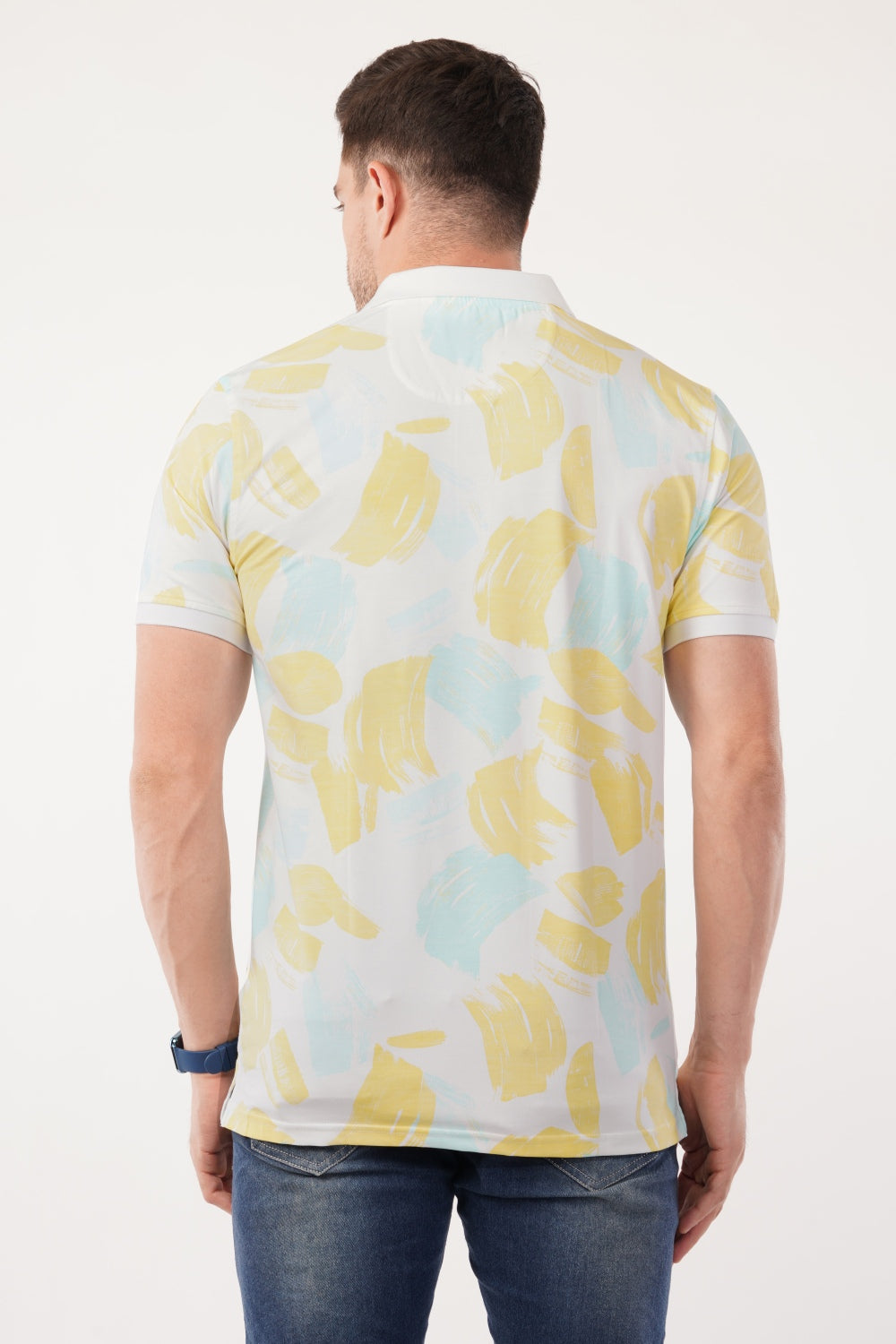 Louis Philippe Yellow & Blue Abstract Print Half Sleeve Polo  T-shirt