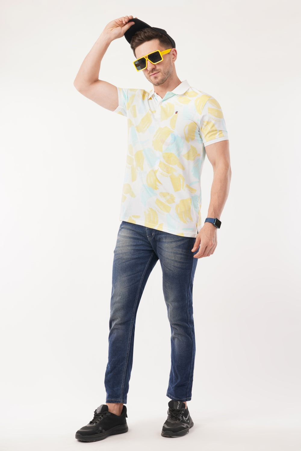 Louis Philippe Yellow & Blue Abstract Print Half Sleeve Polo  T-shirt