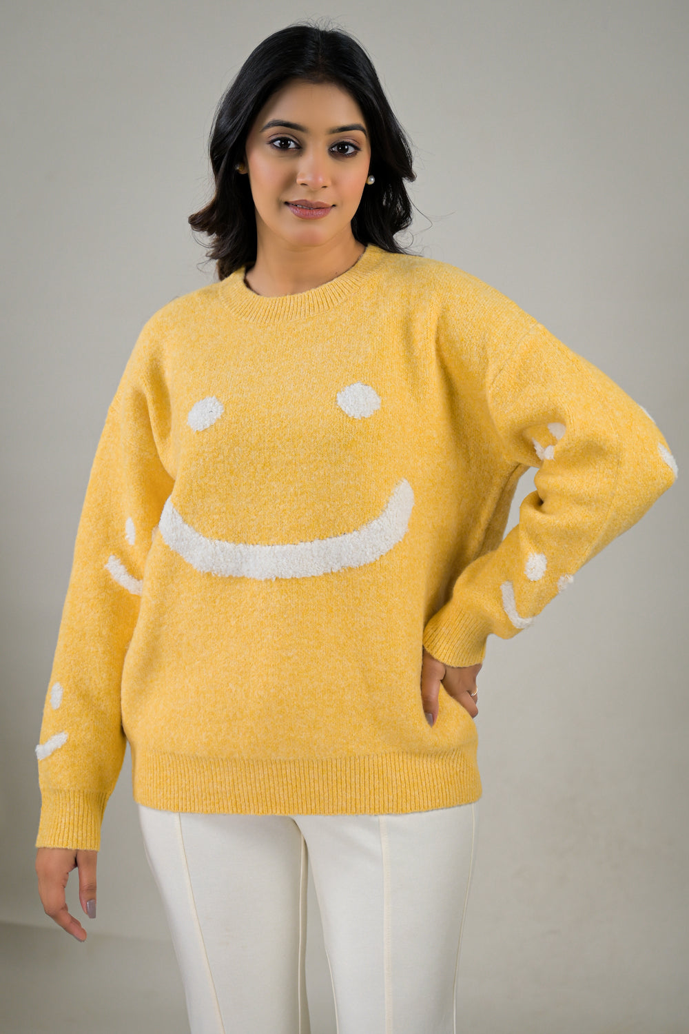 Soul Armor Knitted Smiley Print Full Sleeve Sweater