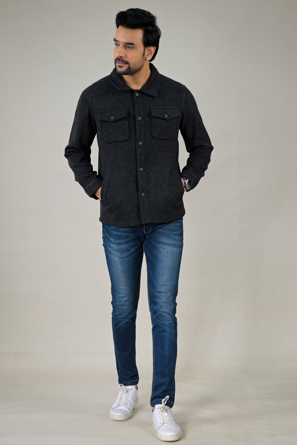 Parx Men's Solid Button-Down with Front Pockets Casual Jacket