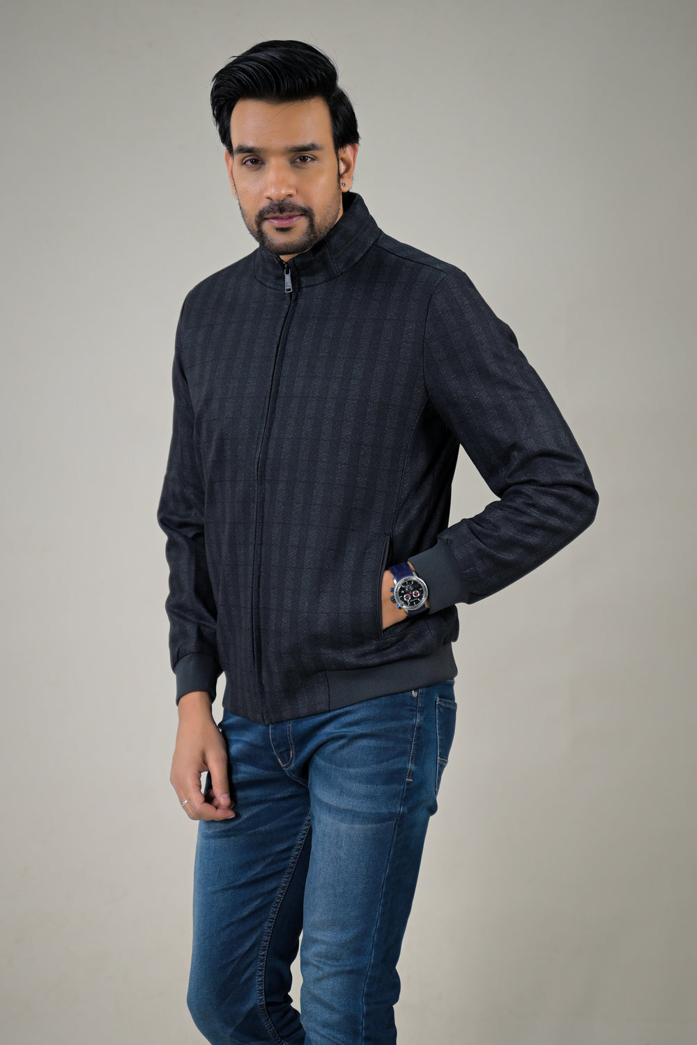 Park- Avenue Men's Textured Weave Bomber Jacket Stand Collar Zip-Up Jacket