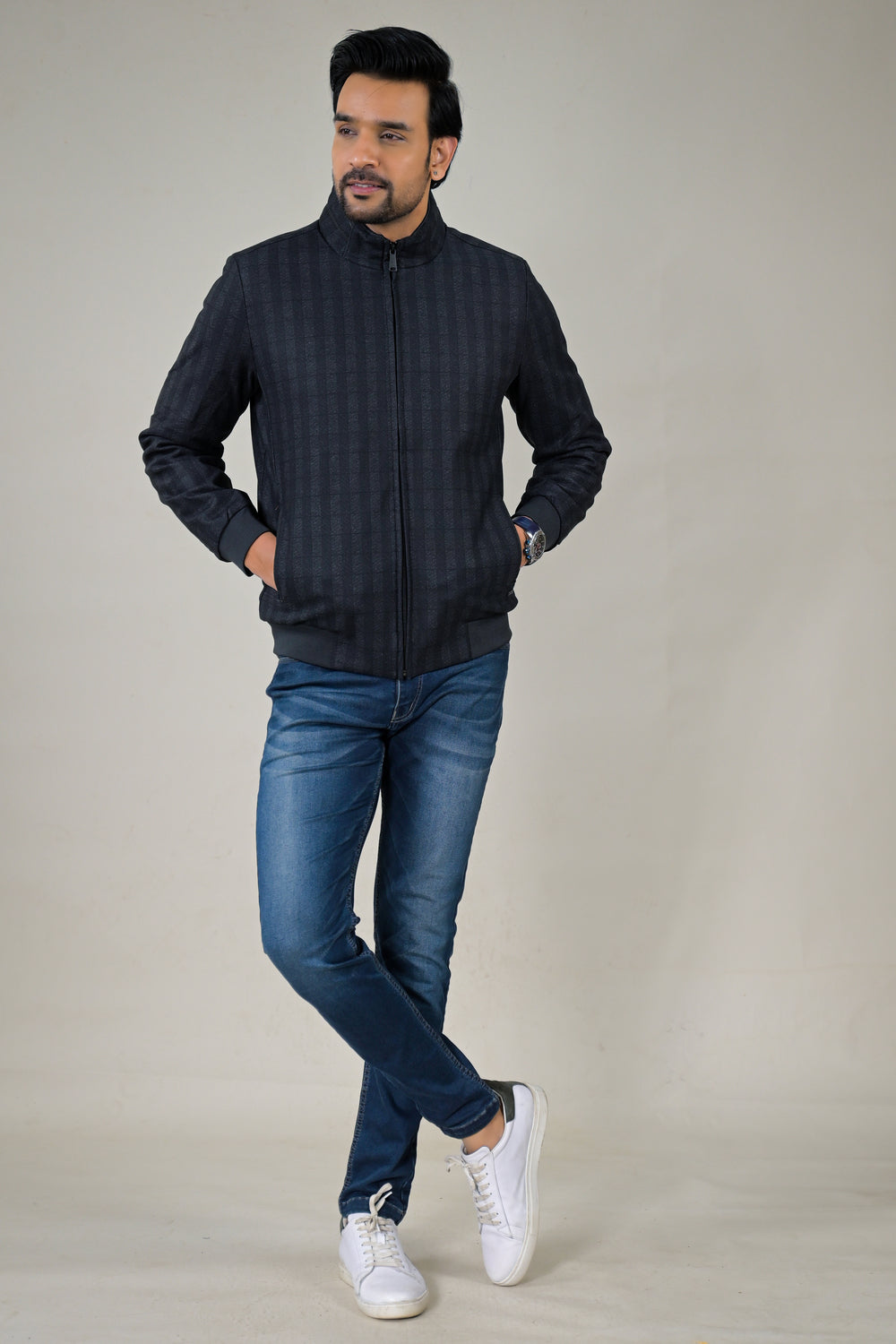 Park- Avenue Men's Textured Weave Bomber Jacket Stand Collar Zip-Up Jacket