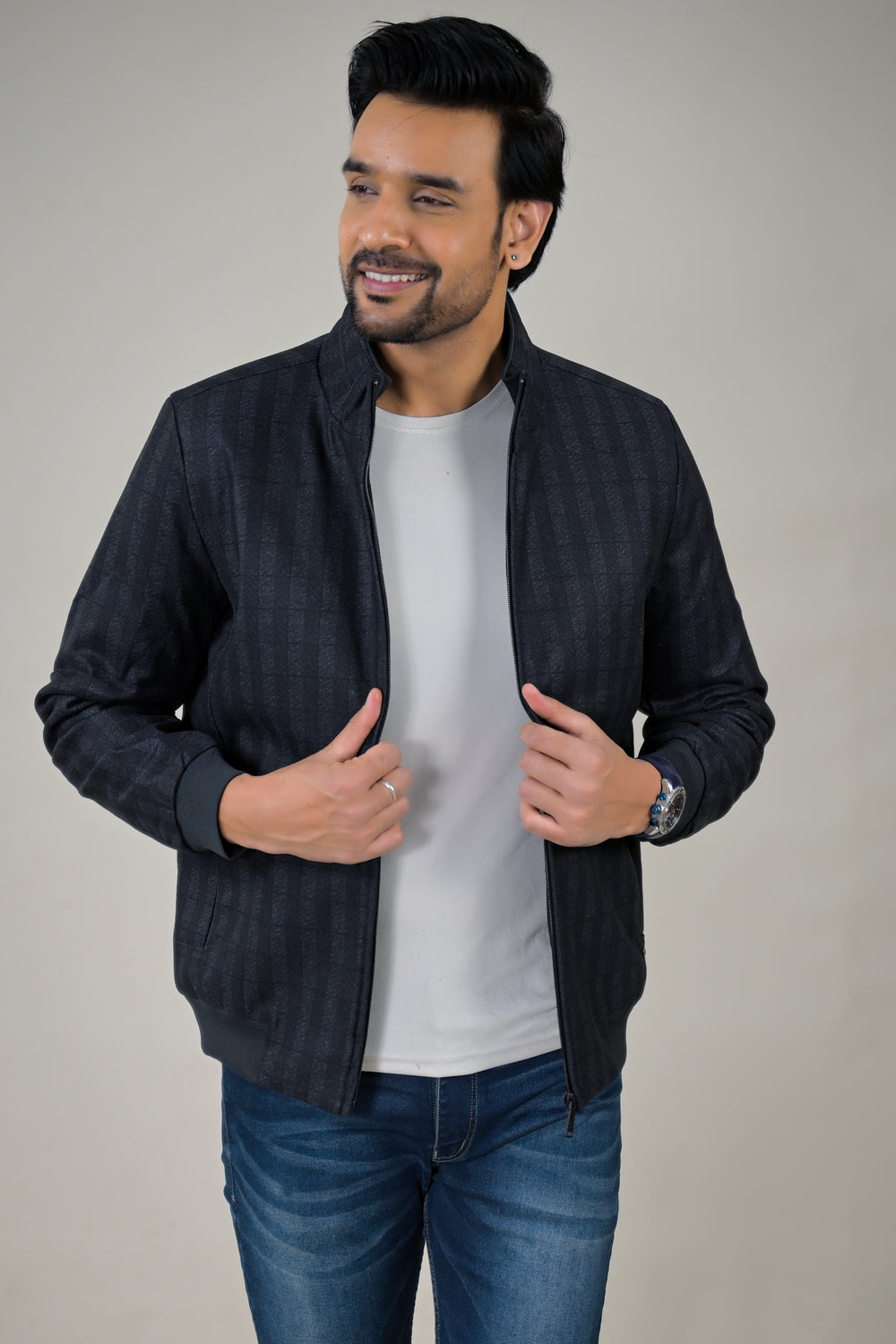 Park- Avenue Men's Textured Weave Bomber Jacket Stand Collar Zip-Up Jacket