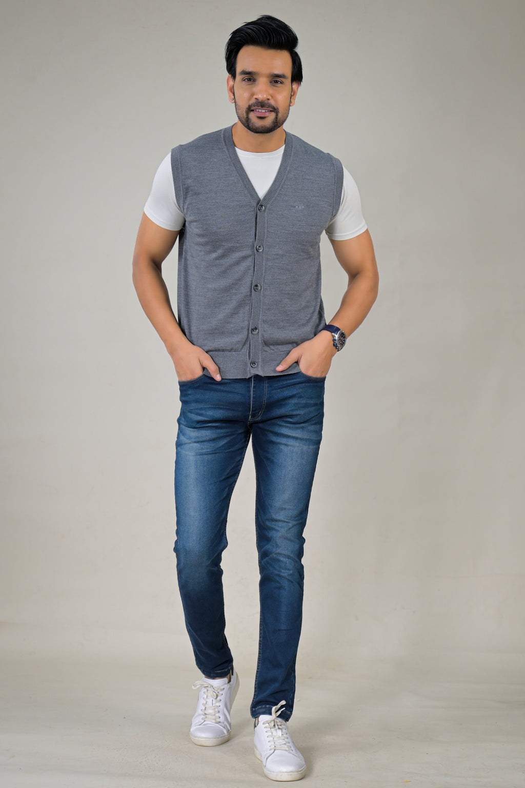 Color-Plus Men's Grey Sleeveless Cardigan - V-Neck Sweater Vest