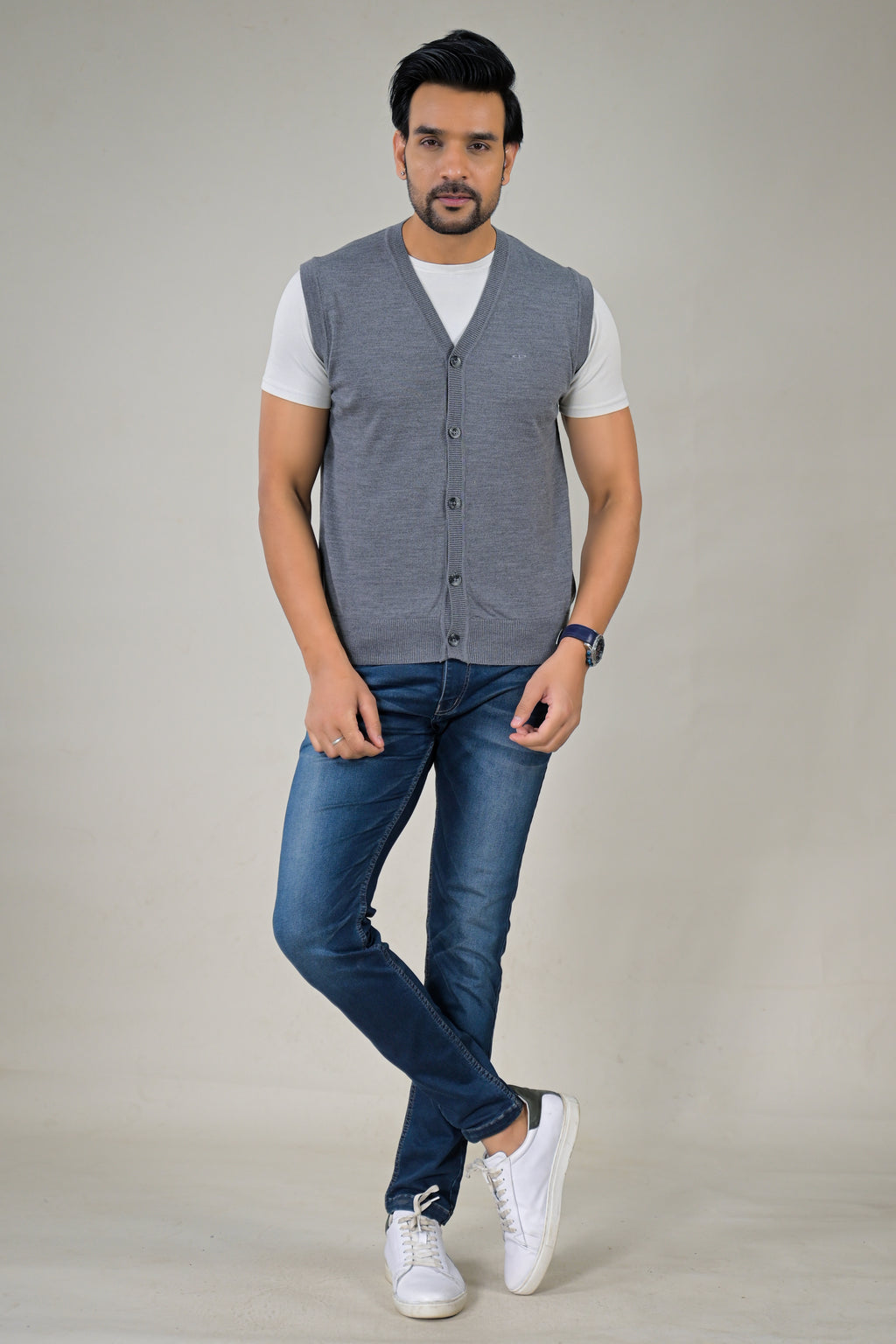 Color-Plus Men's Grey Sleeveless Cardigan - V-Neck Sweater Vest