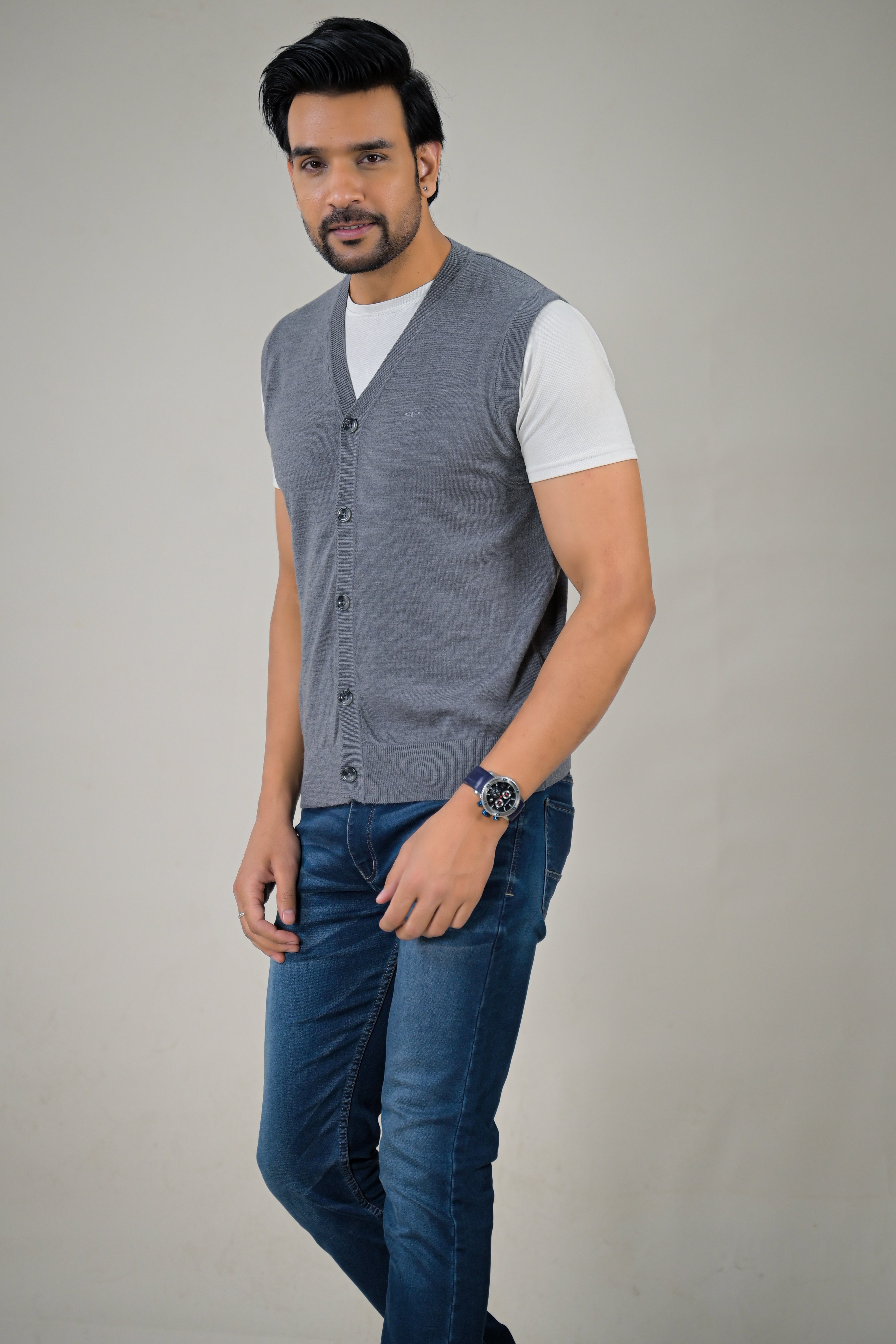 Color-Plus Men's Grey Sleeveless Cardigan - V-Neck Sweater Vest