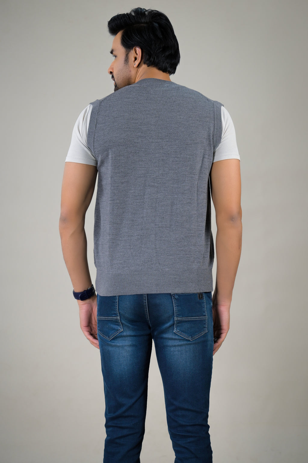 Color-Plus Men's Grey Sleeveless Cardigan - V-Neck Sweater Vest