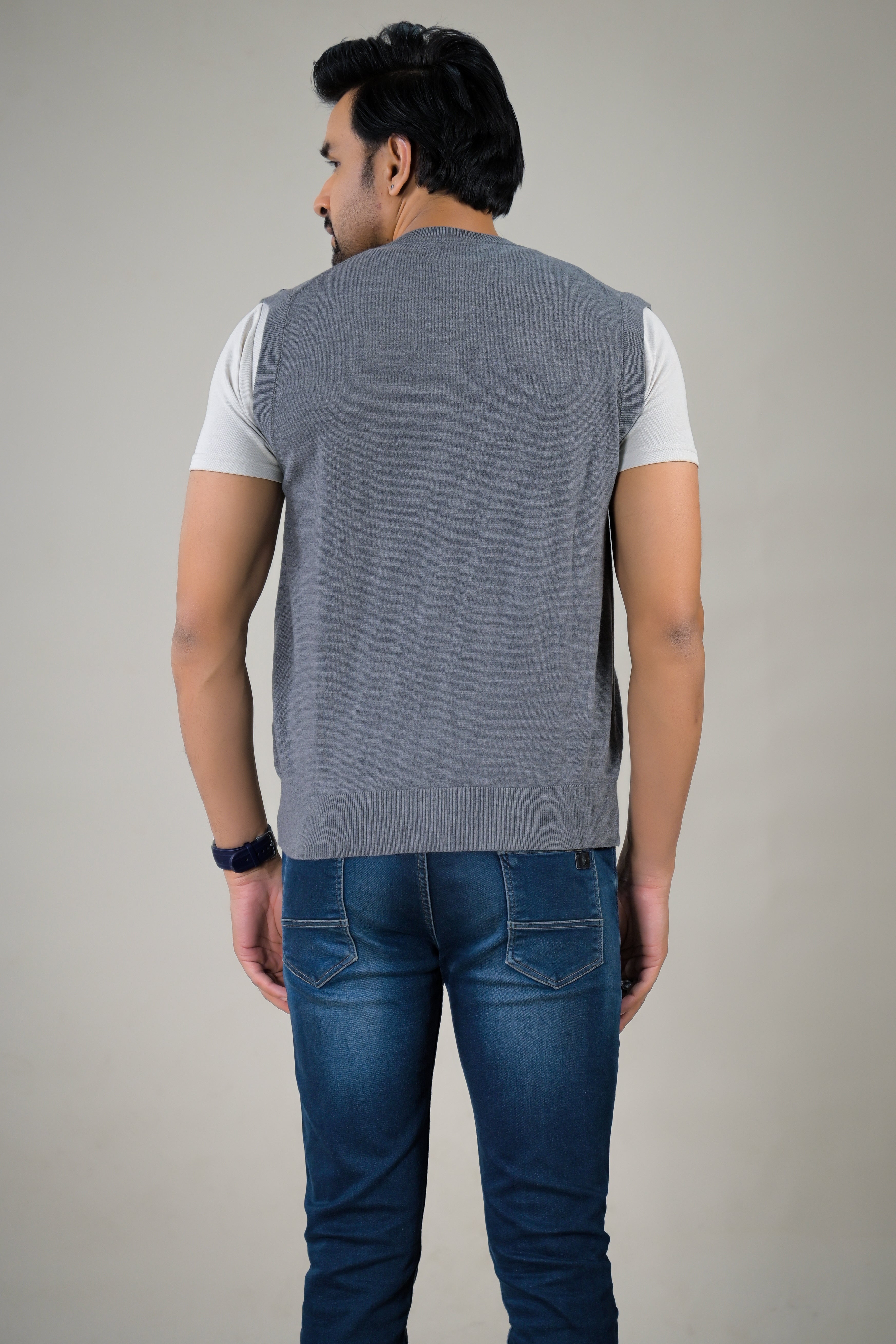 Color-Plus Men's Grey Sleeveless Cardigan - V-Neck Sweater Vest