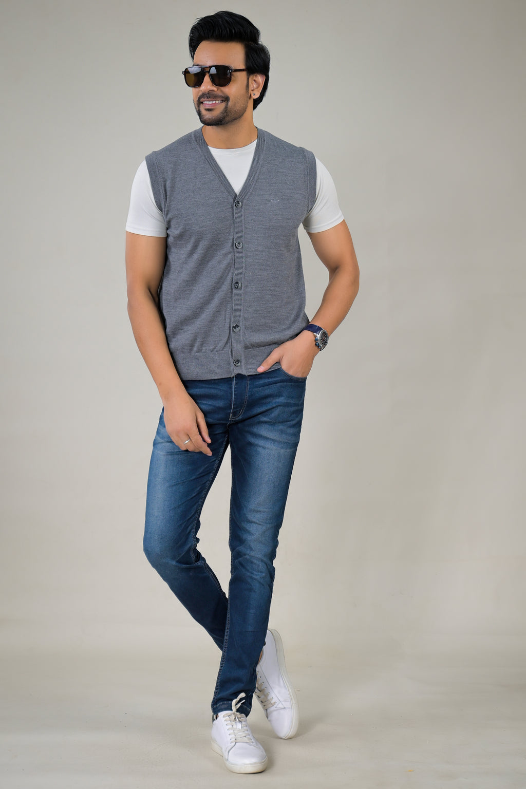 Color-Plus Men's Grey Sleeveless Cardigan - V-Neck Sweater Vest