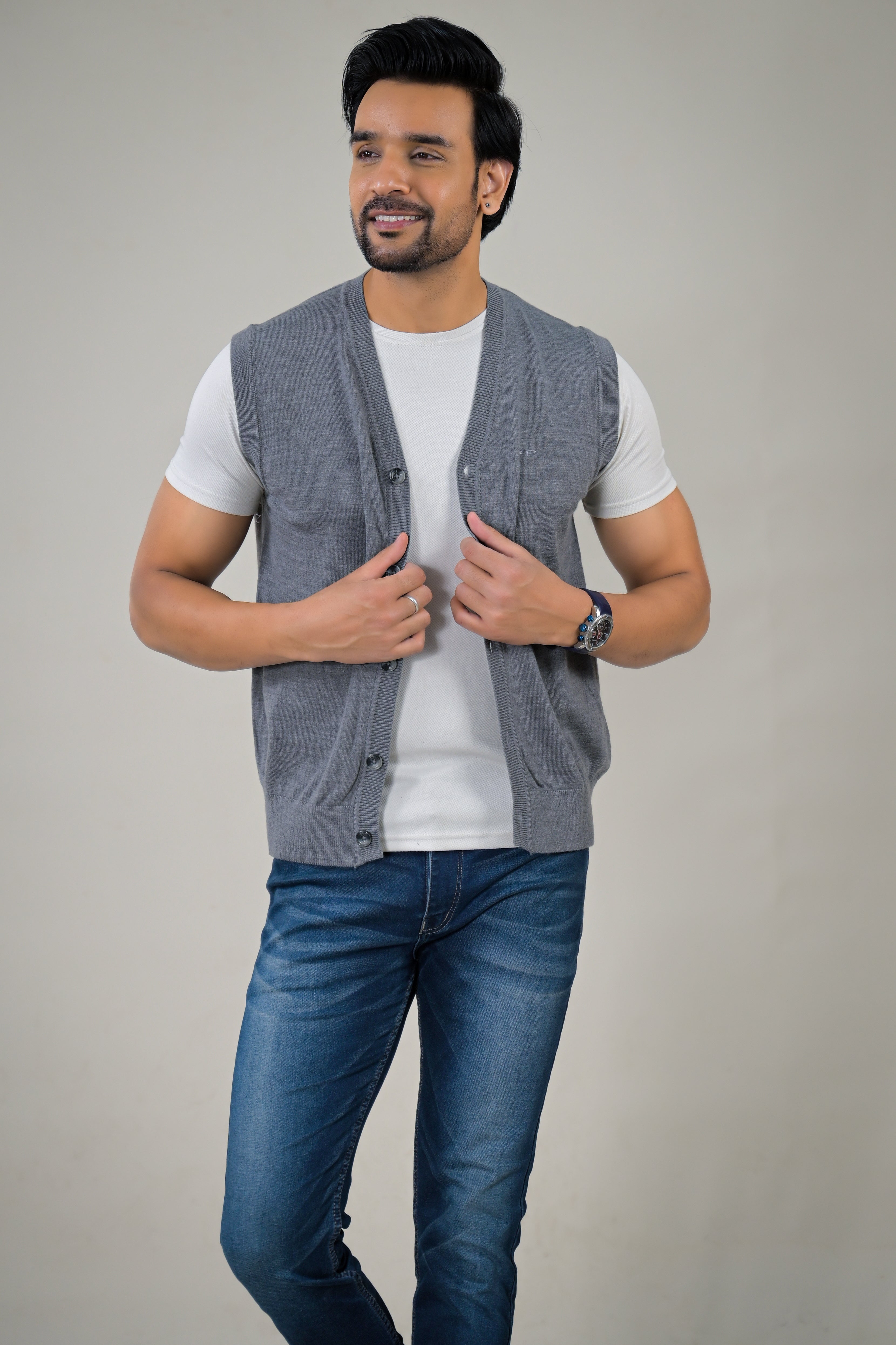 Color-Plus Men's Grey Sleeveless Cardigan - V-Neck Sweater Vest