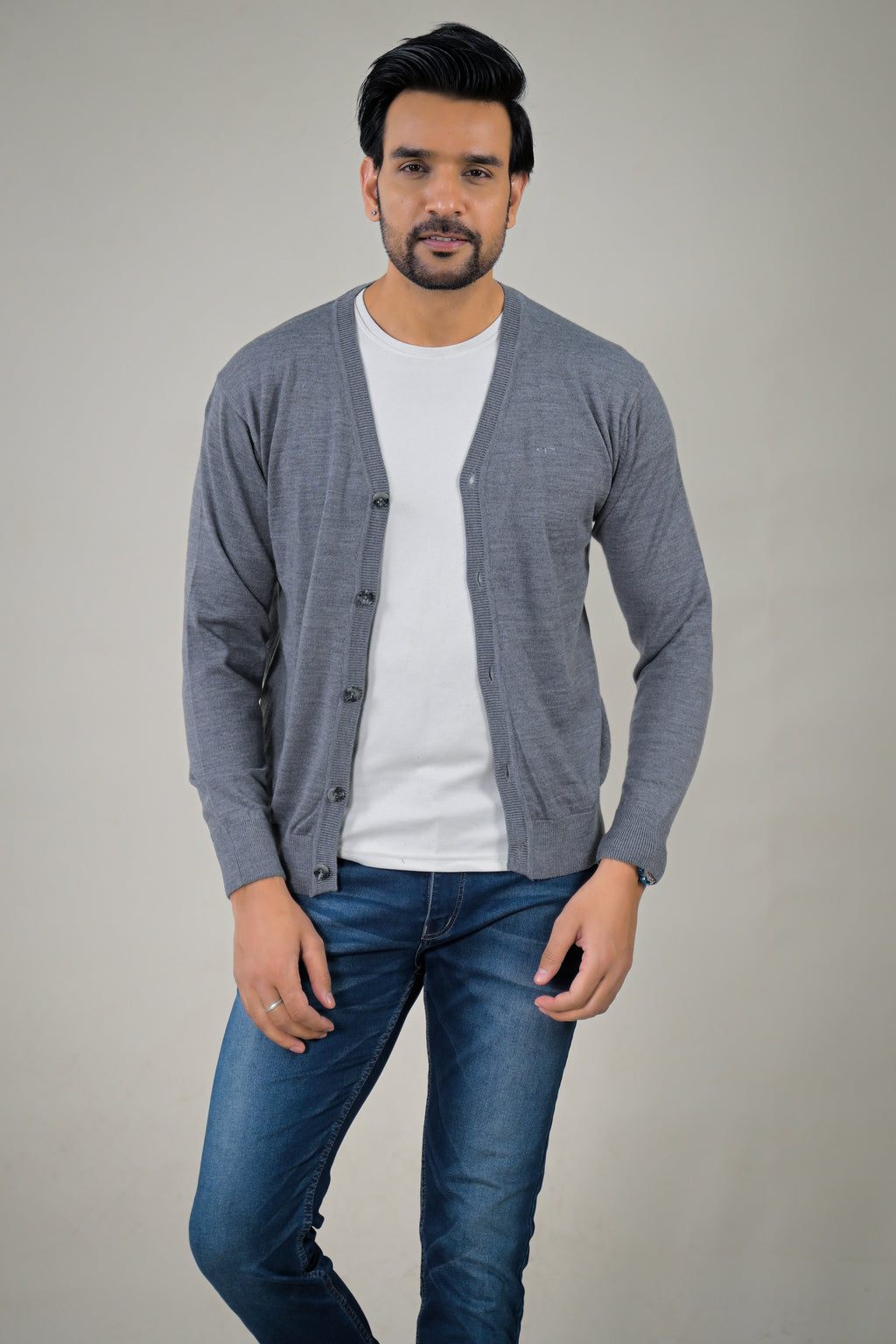 Color-Plus Men's Classic Grey V-Neck Cardigan Sweater
