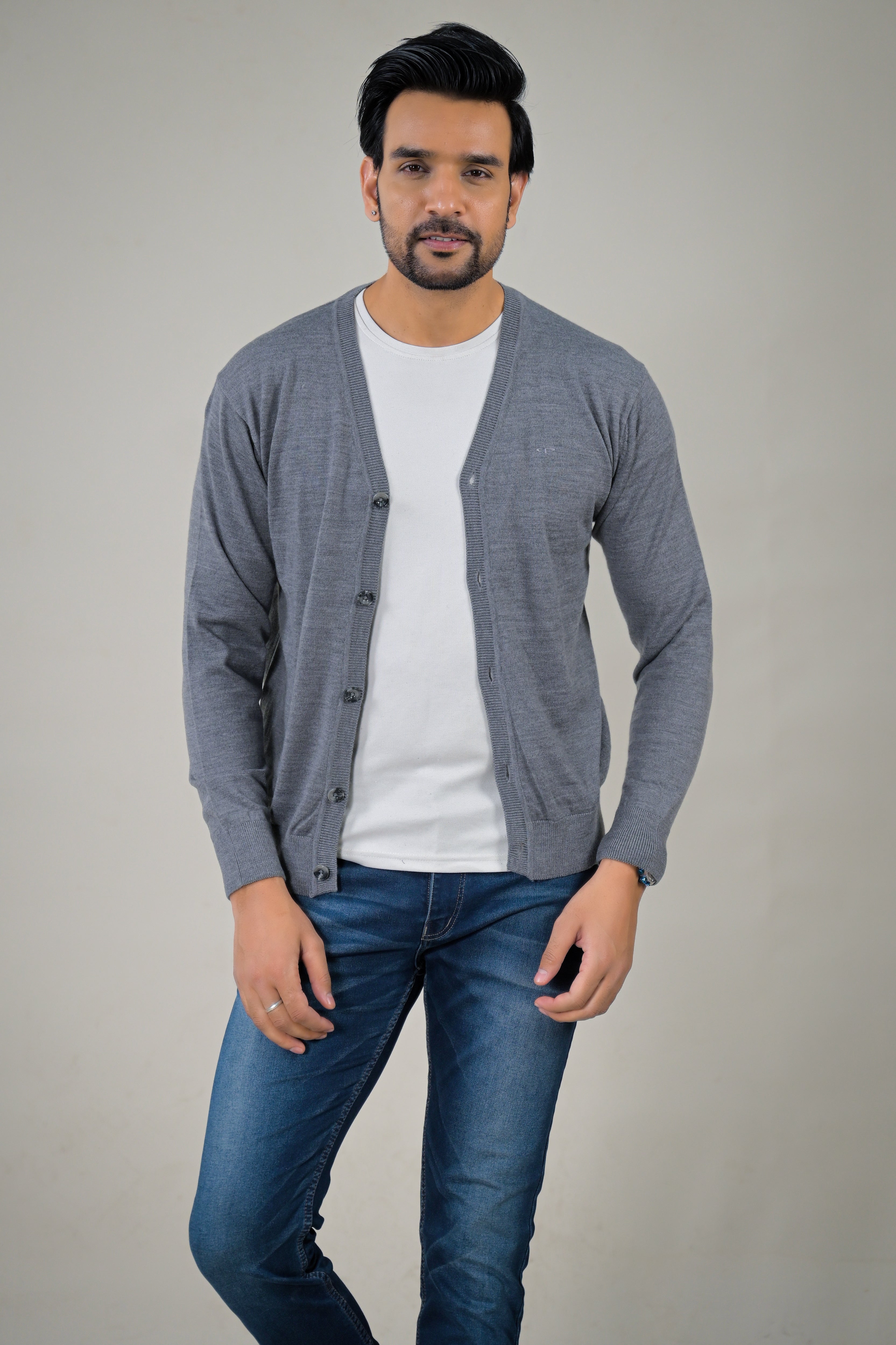 Color-Plus Men's Classic Grey V-Neck Cardigan Sweater