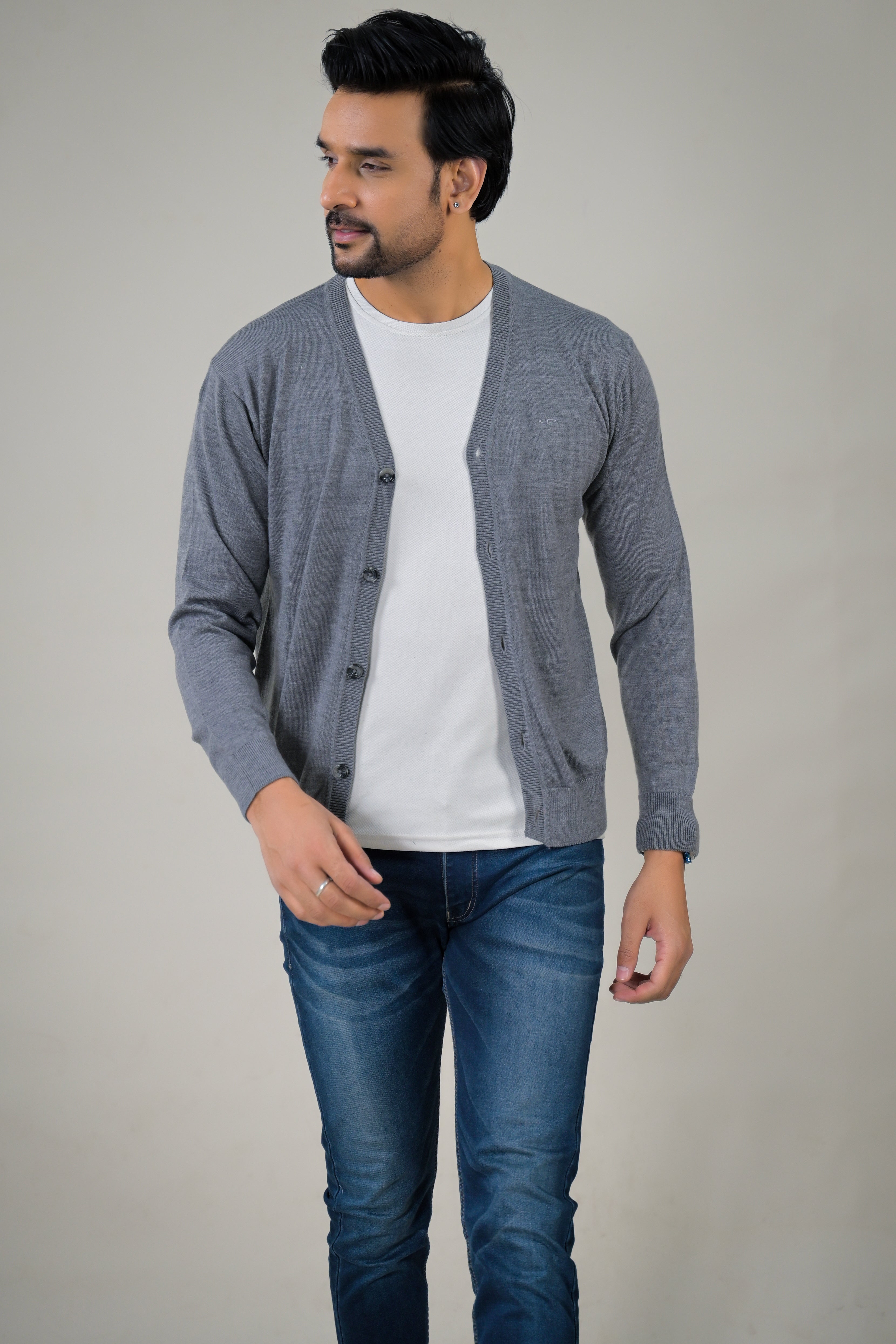 Color-Plus Men's Classic Grey V-Neck Cardigan Sweater