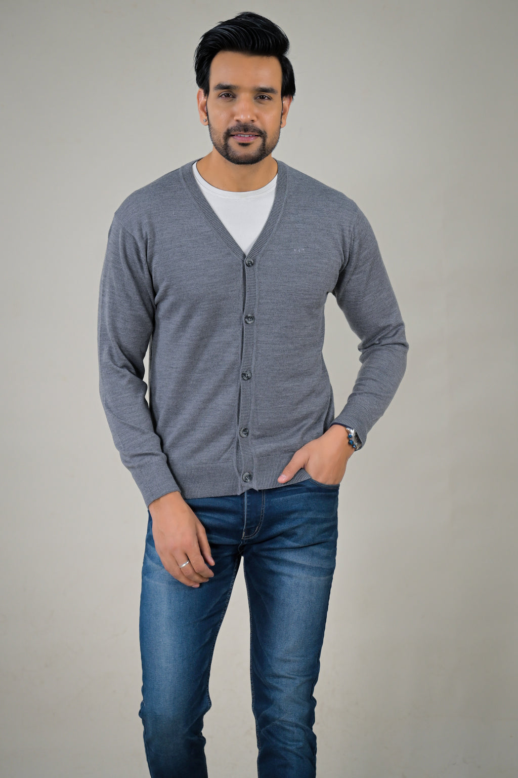 Color-Plus Men's Classic Grey V-Neck Cardigan Sweater