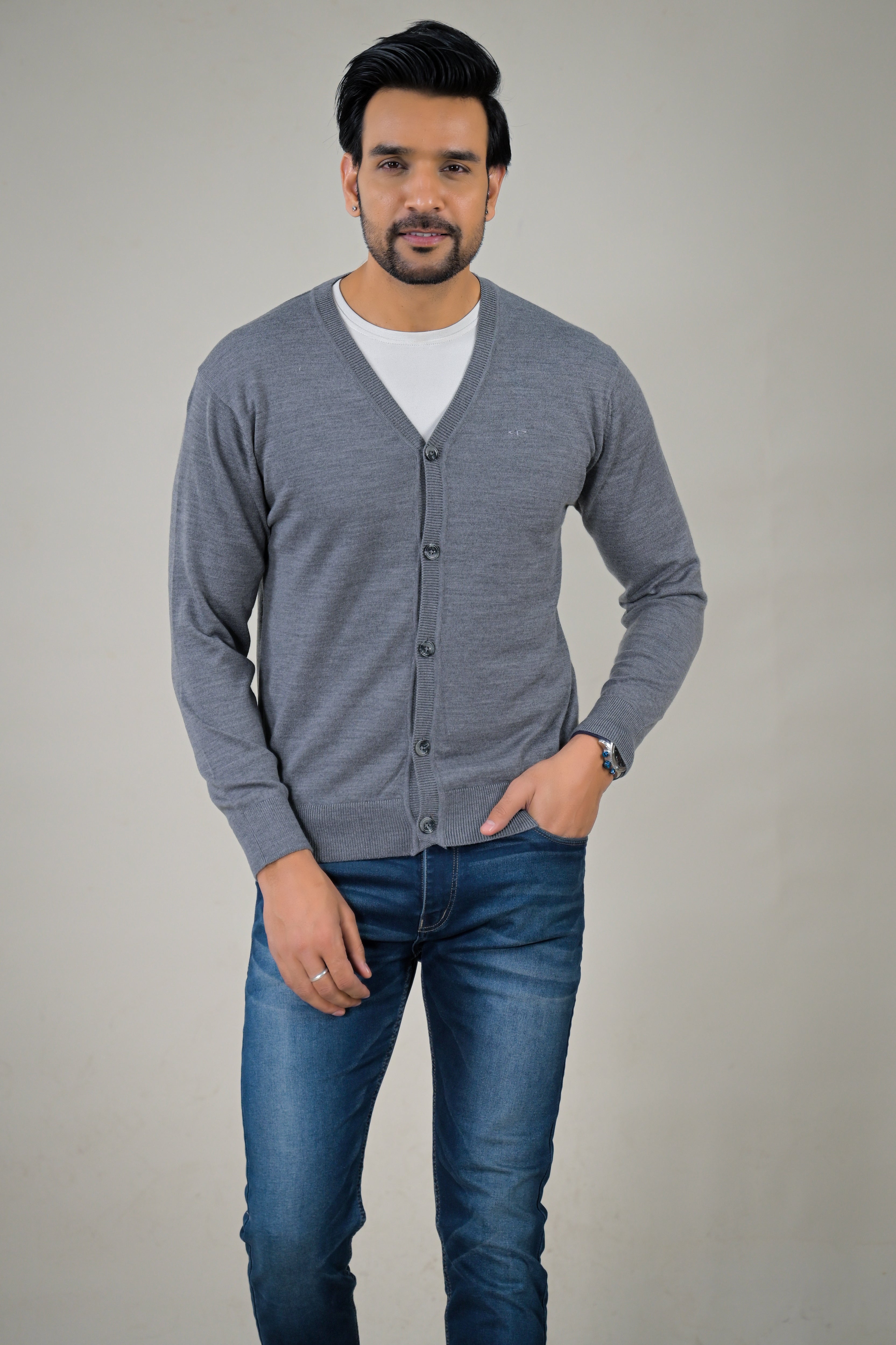 Color-Plus Men's Classic Grey V-Neck Cardigan Sweater
