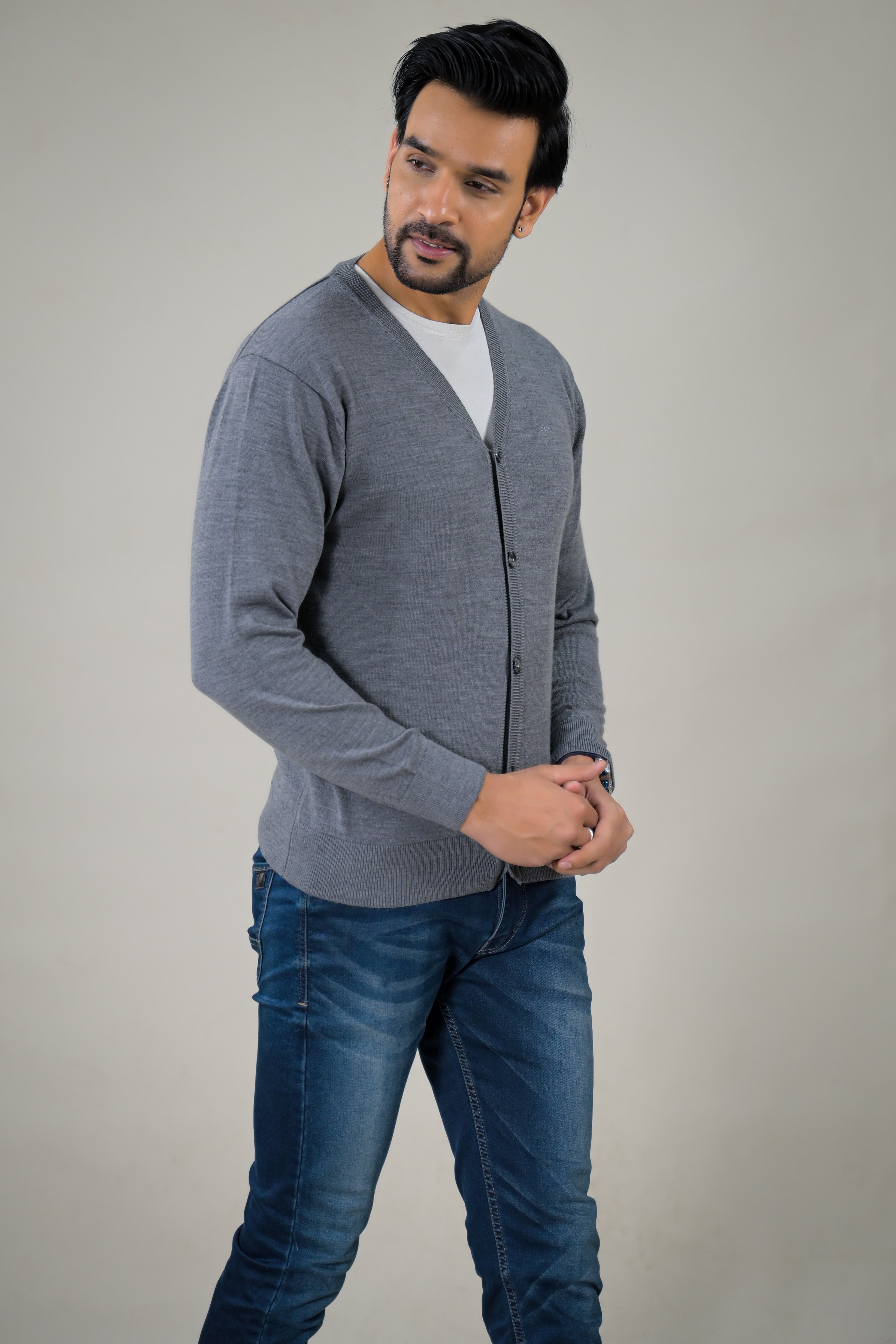 Color-Plus Men's Classic Grey V-Neck Cardigan Sweater