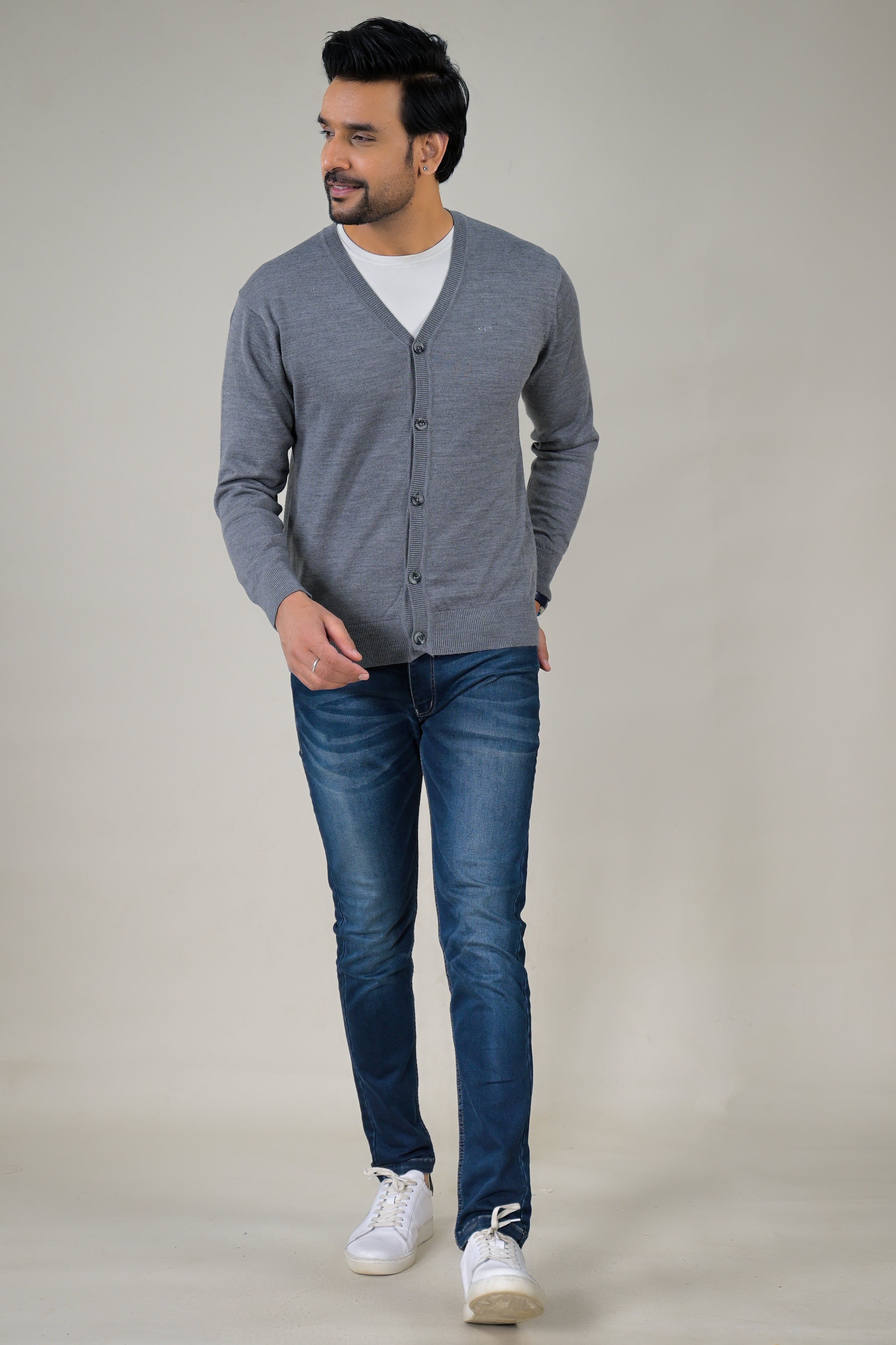 Color-Plus Men's Classic Grey V-Neck Cardigan Sweater