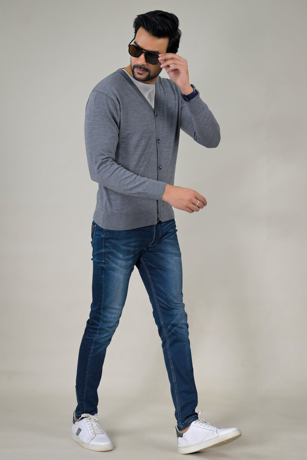 Color-Plus Men's Classic Grey V-Neck Cardigan Sweater