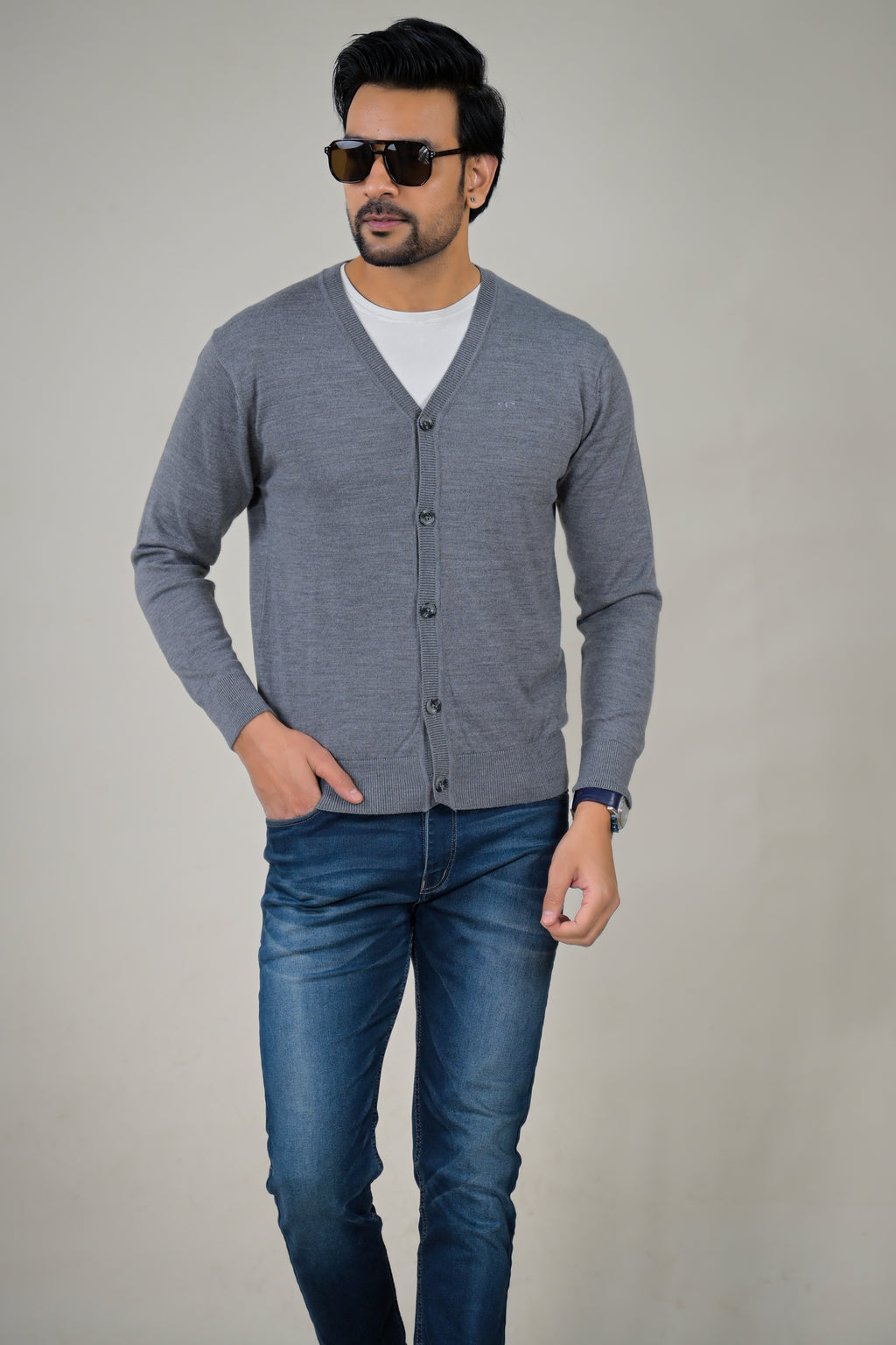 Color-Plus Men's Classic Grey V-Neck Cardigan Sweater