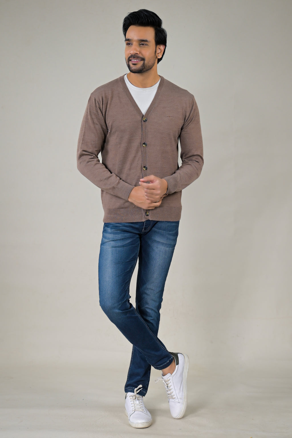 Color-Plus Men's Classic Brown V-Neck Cardigan Sweater