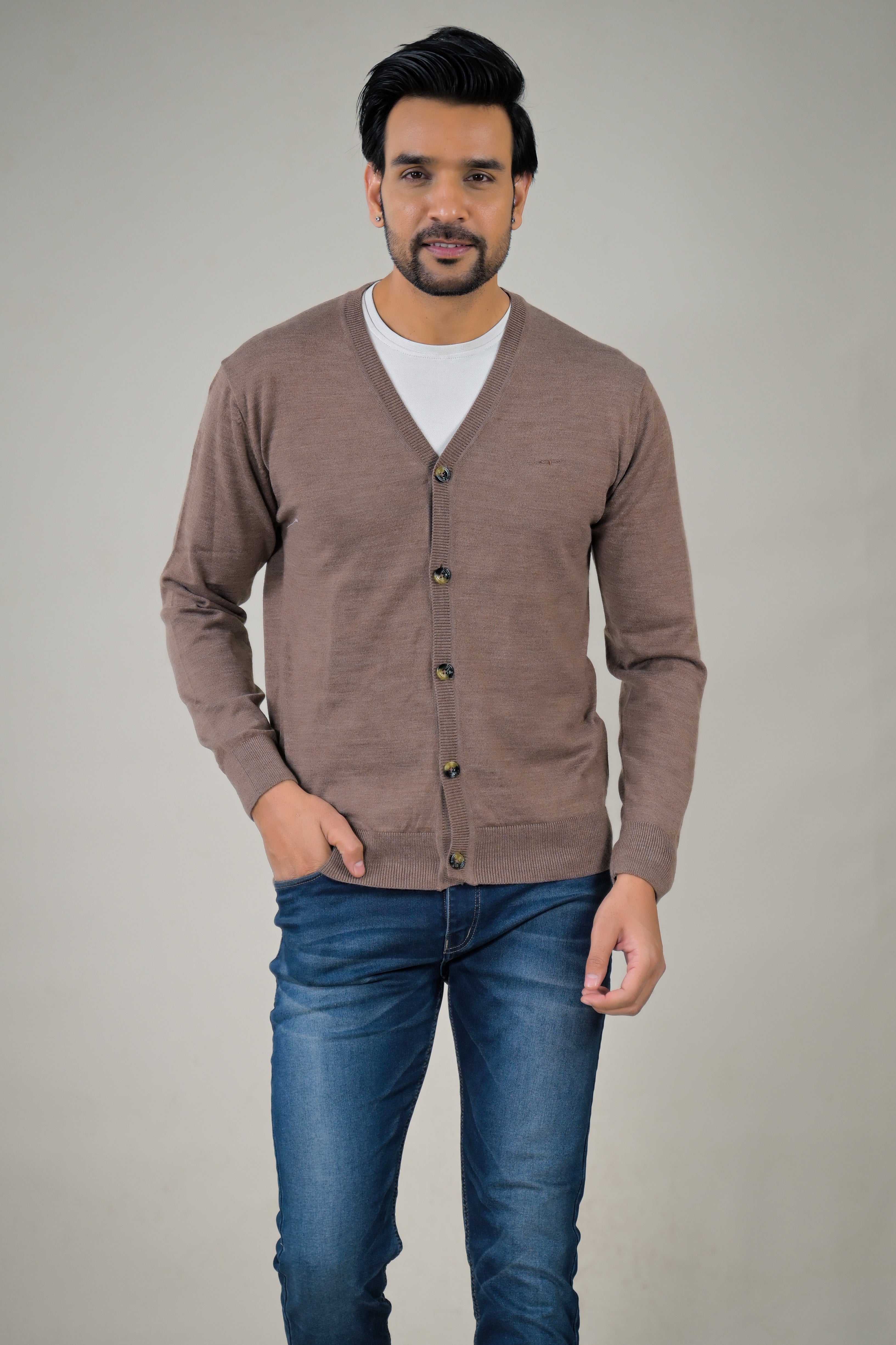 Color-Plus Men's Classic Brown V-Neck Cardigan Sweater