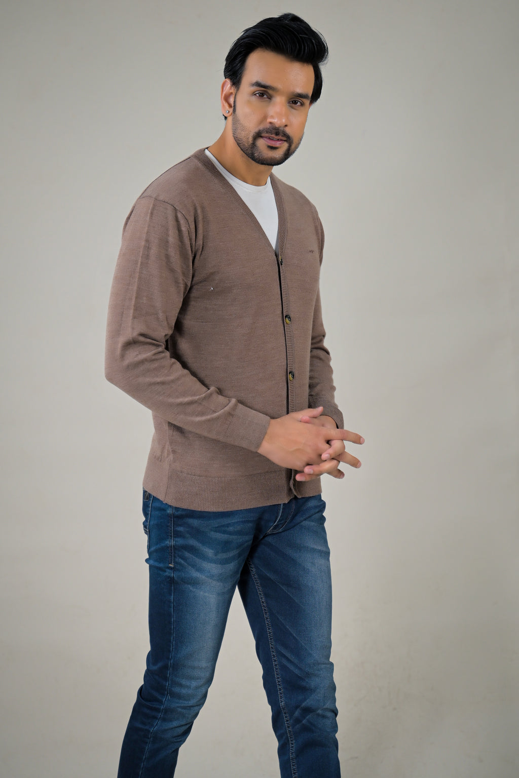 Color-Plus Men's Classic Brown V-Neck Cardigan Sweater