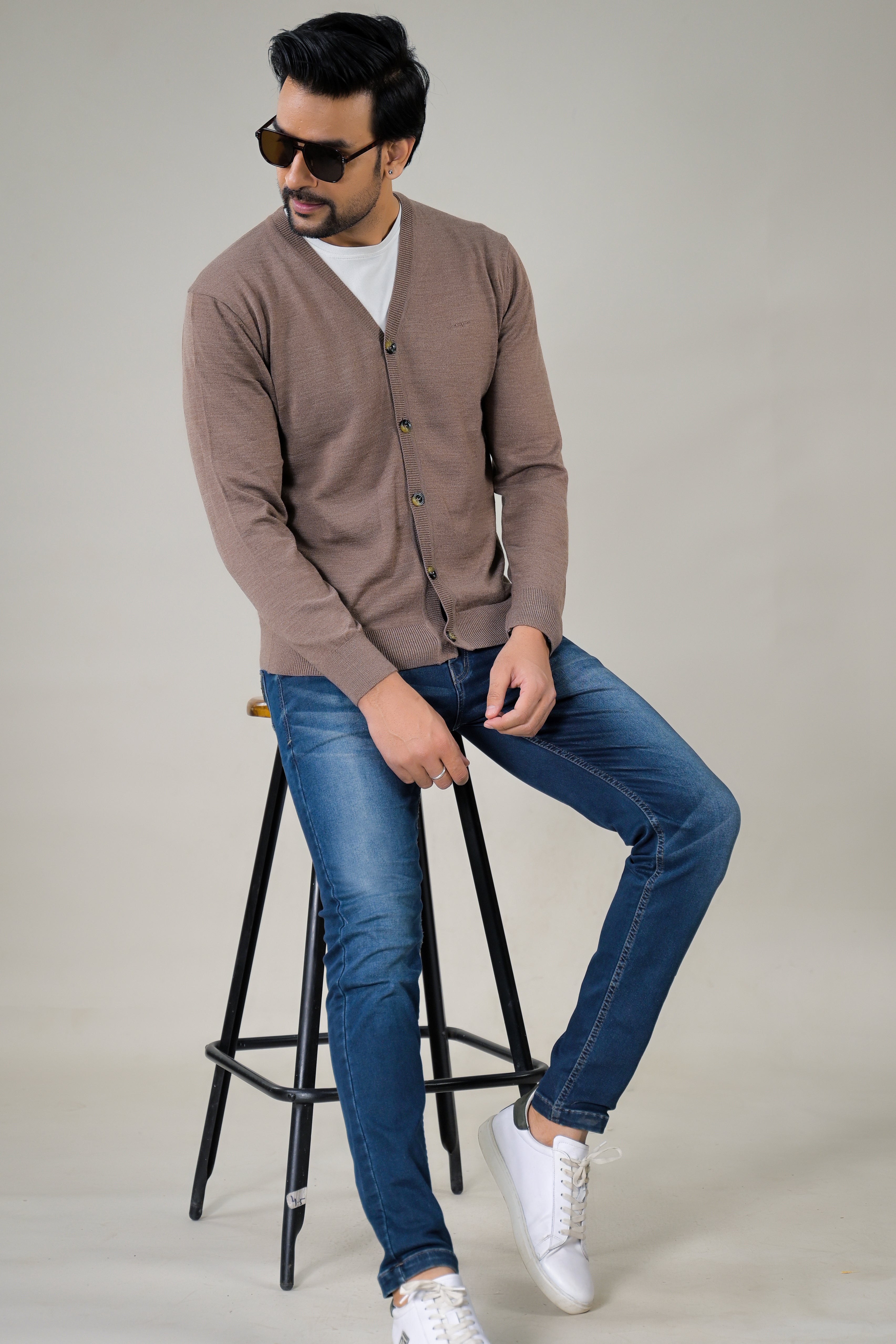 Color-Plus Men's Classic Brown V-Neck Cardigan Sweater