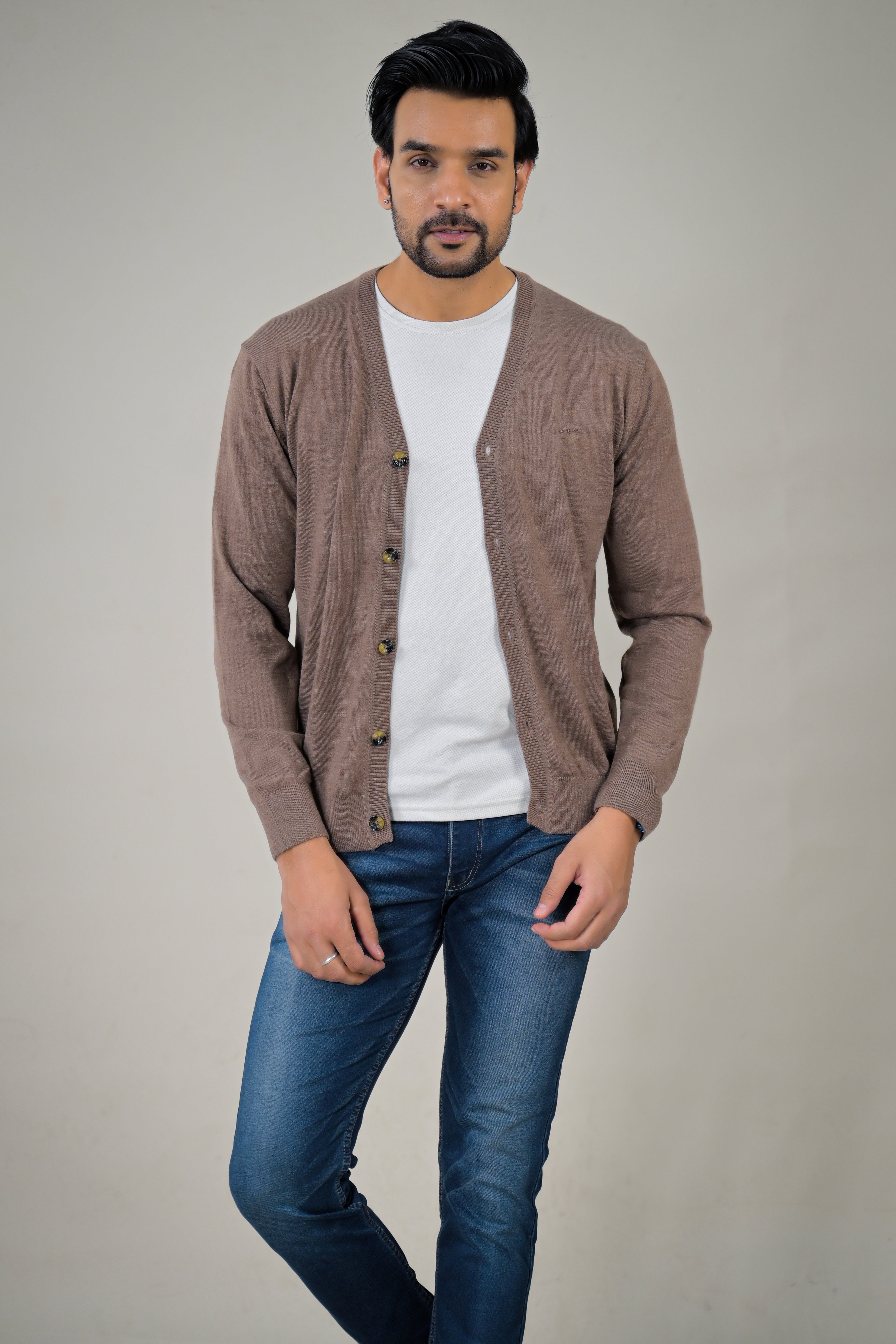 Color-Plus Men's Classic Brown V-Neck Cardigan Sweater