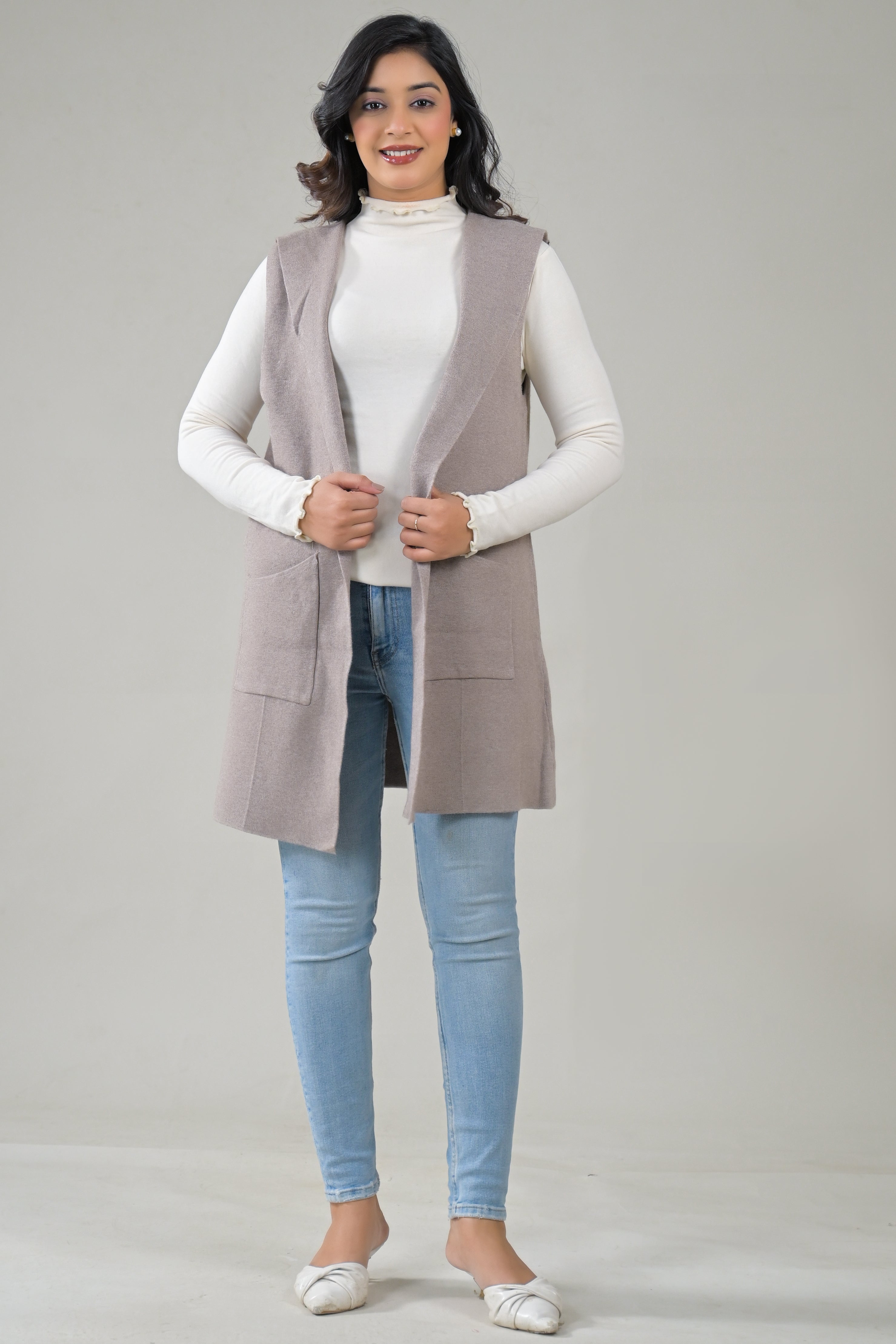 Soul Armor Solid Sleeveless Longline  with Front Pockets Winter Shrug