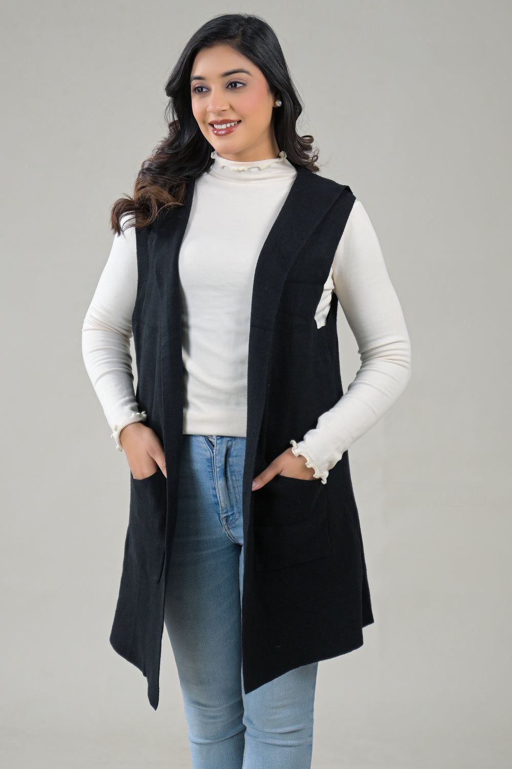 Soul Armor Solid Sleeveless Longline  with Front Pockets Winter Shrug