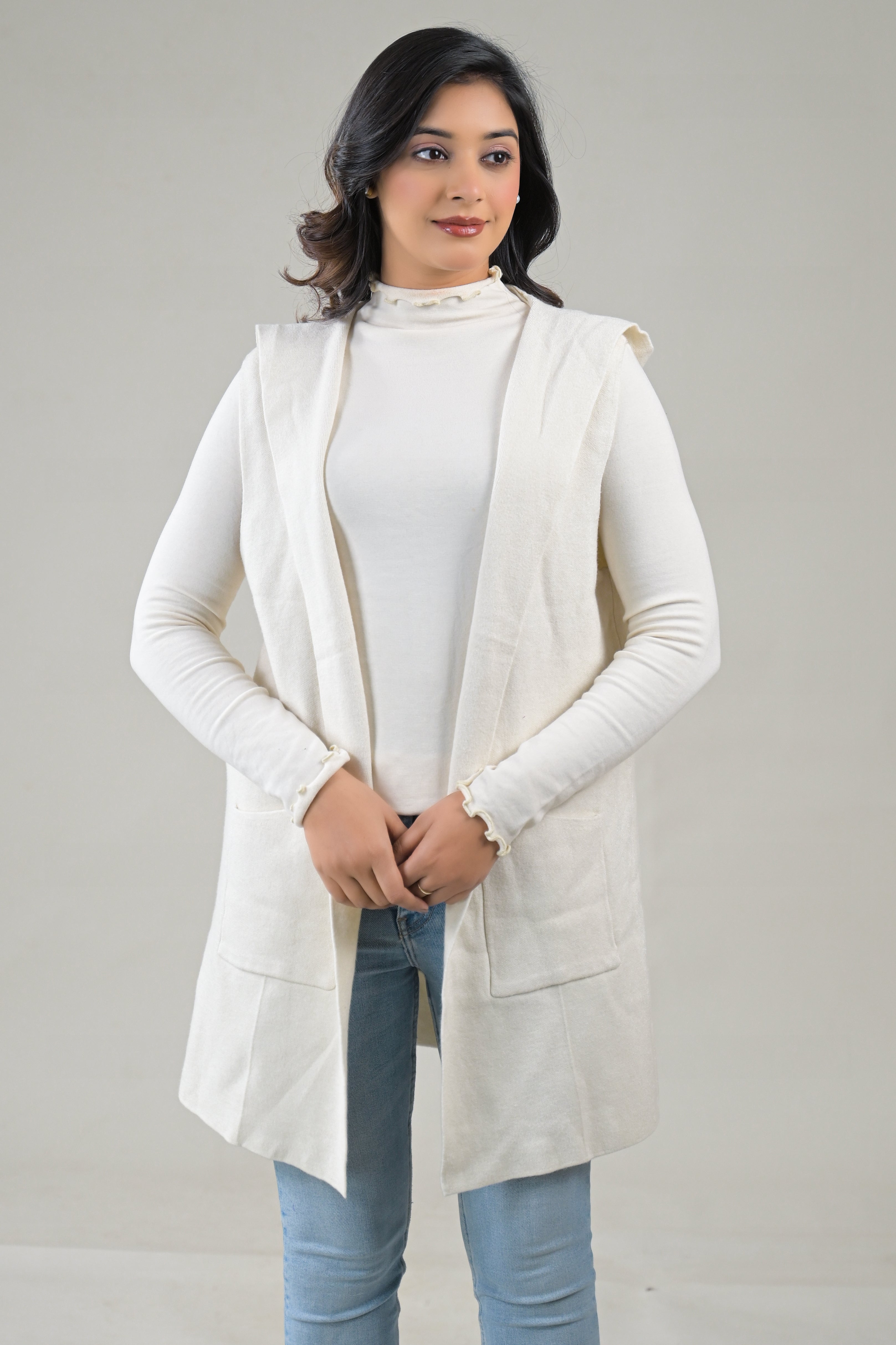 Soul Armor Solid Sleeveless Longline  with Front Pockets Winter Shrug