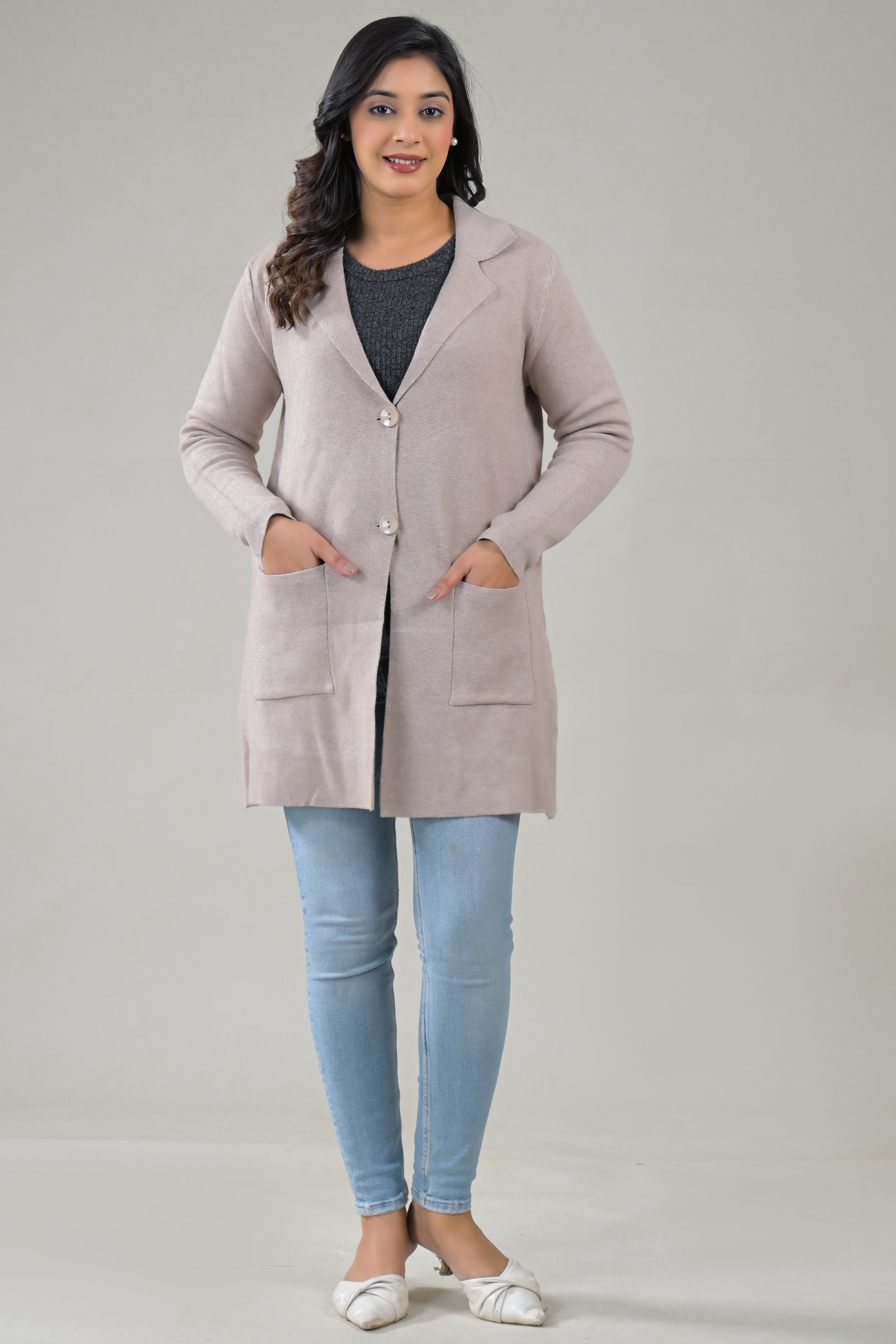 Soul Armor Solid -Front Button Full Sleeve Long Winter Shrug