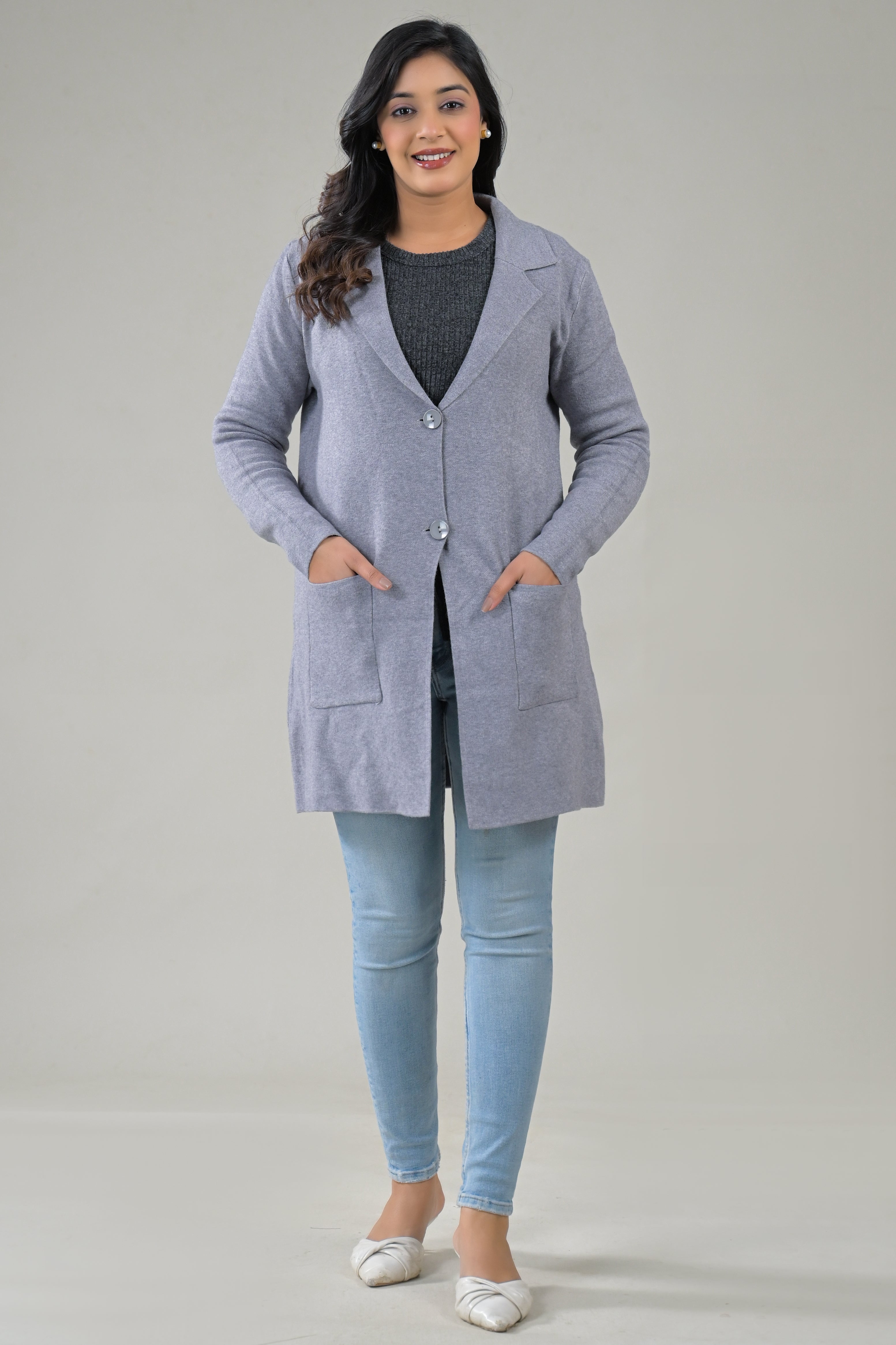 Soul Armor Solid -Front Button Full Sleeve Long Winter Shrug