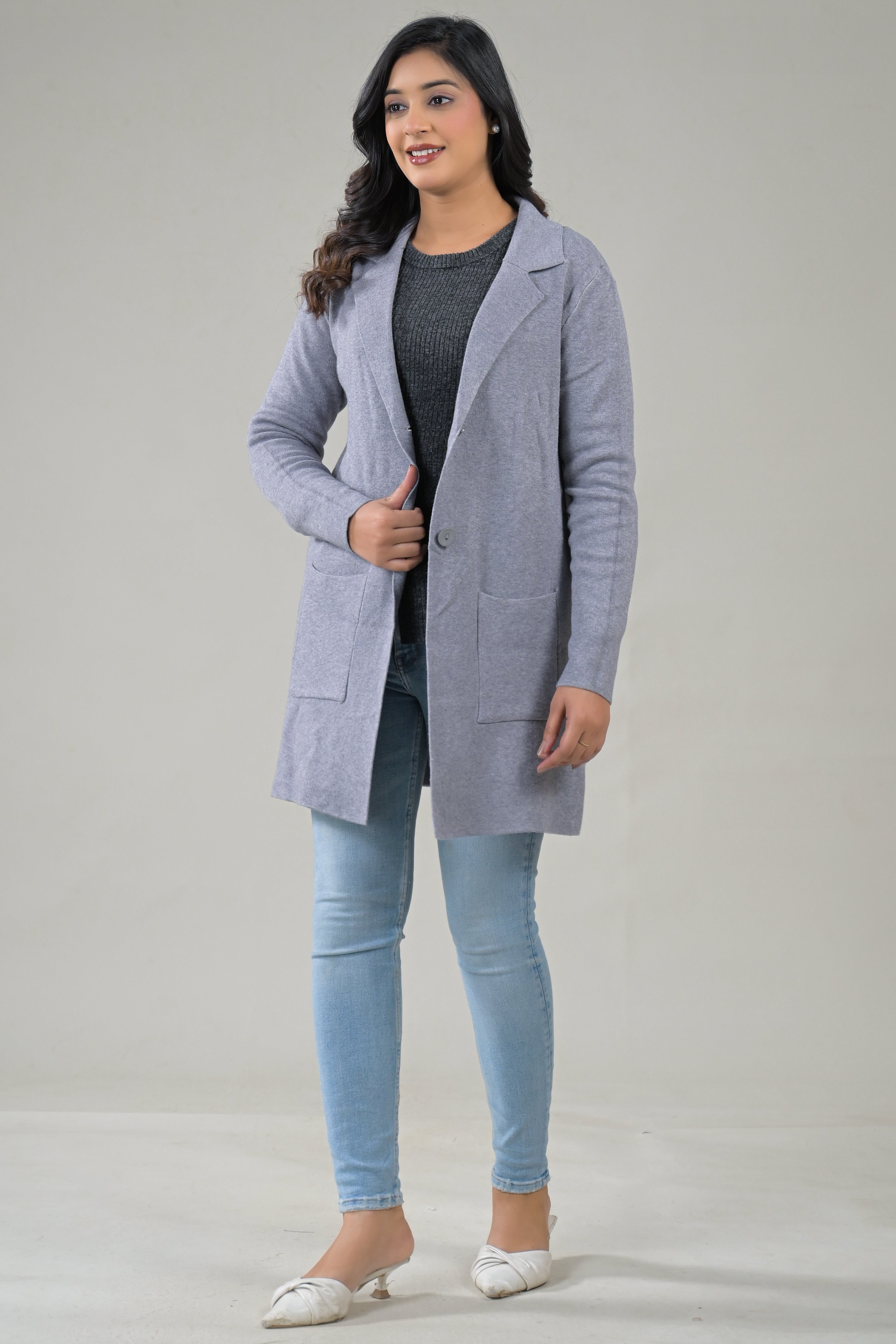 Soul Armor Solid -Front Button Full Sleeve Long Winter Shrug