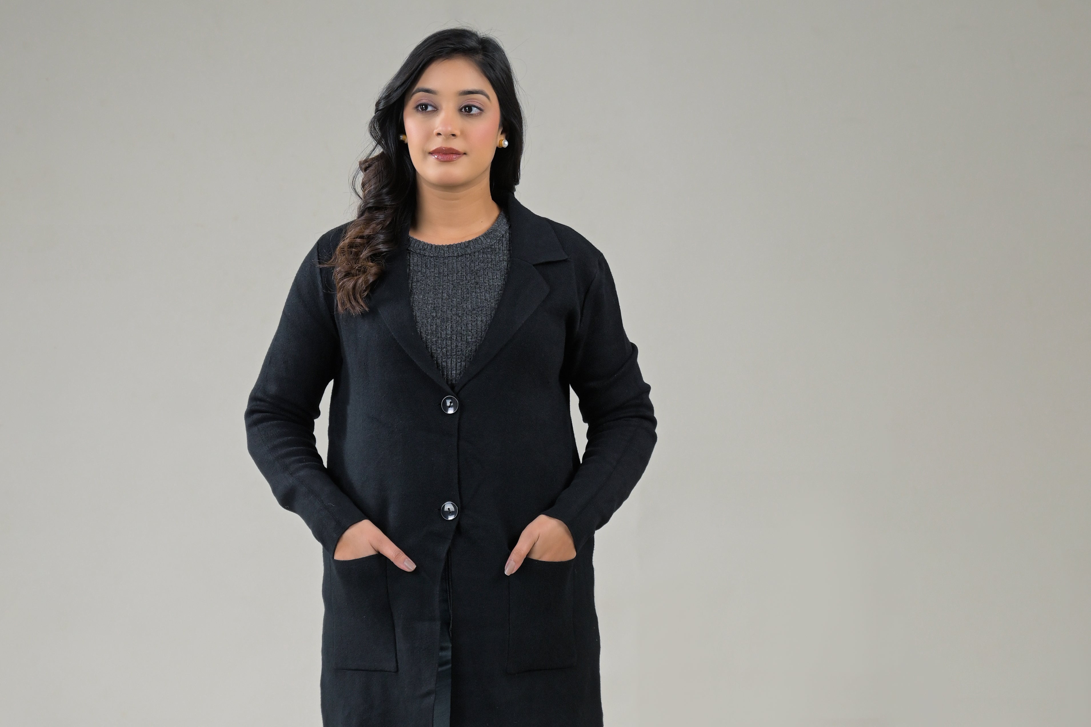 Soul Armor Solid -Front Button Full Sleeve Long Winter Shrug