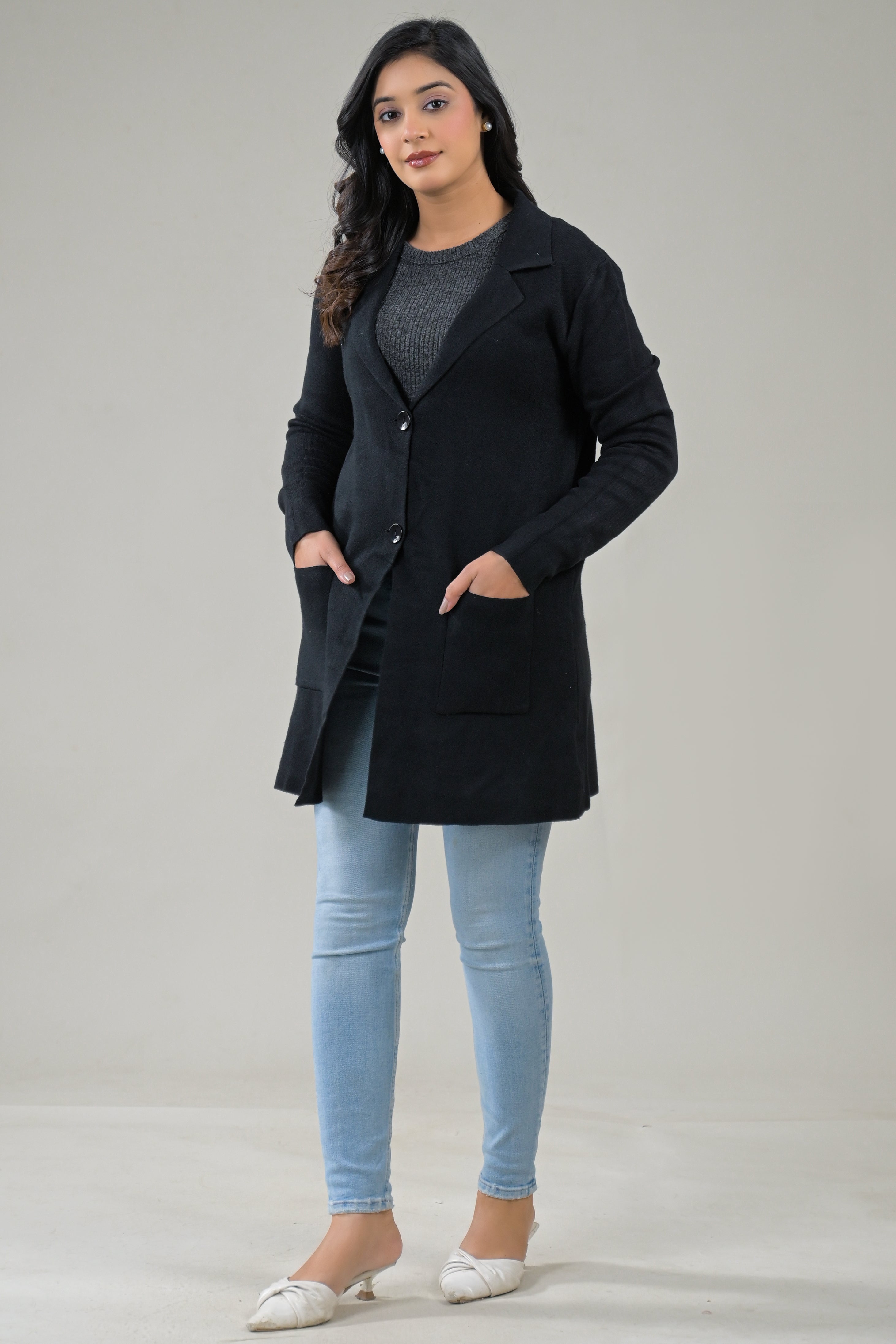 Soul Armor Solid -Front Button Full Sleeve Long Winter Shrug