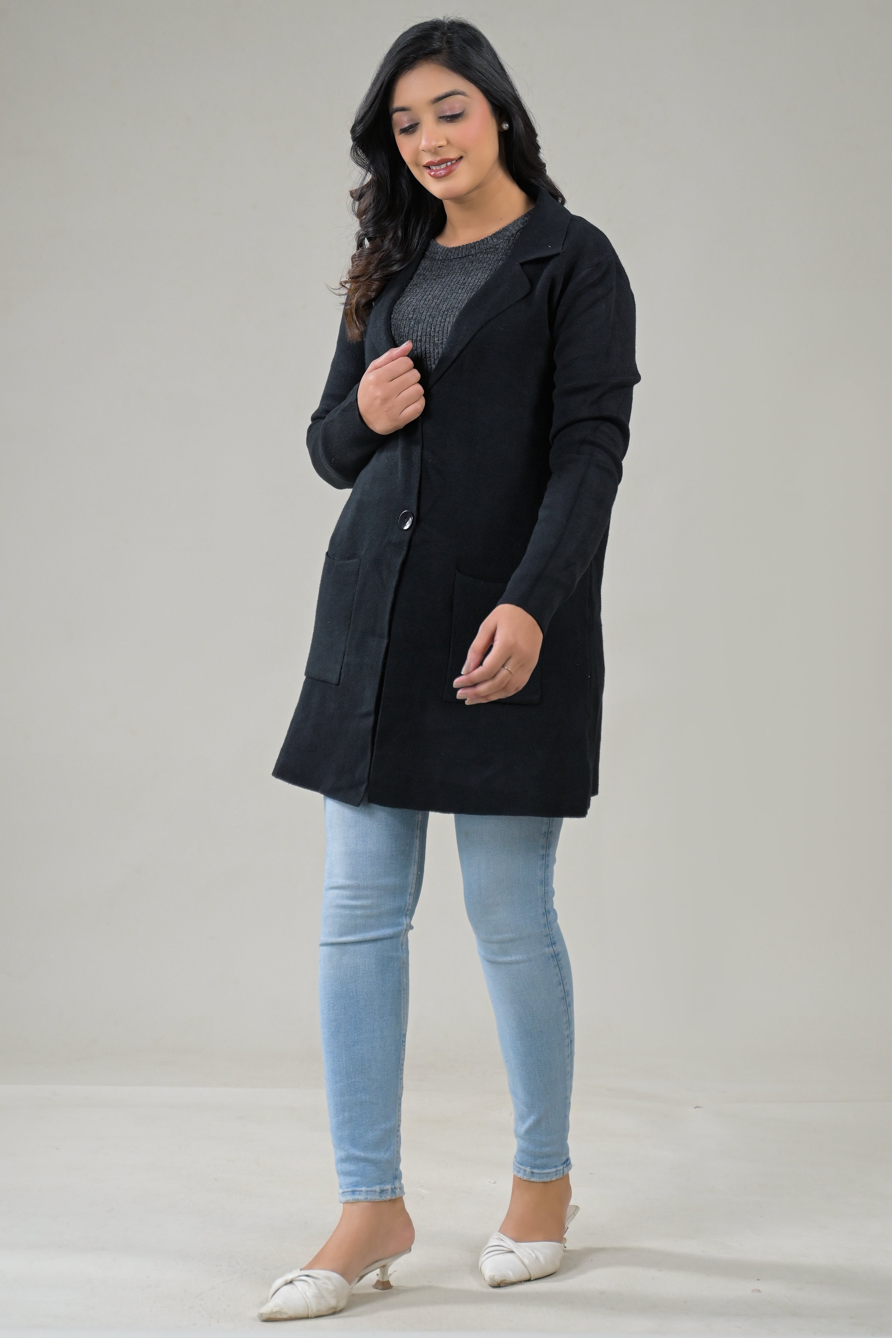 Soul Armor Solid -Front Button Full Sleeve Long Winter Shrug