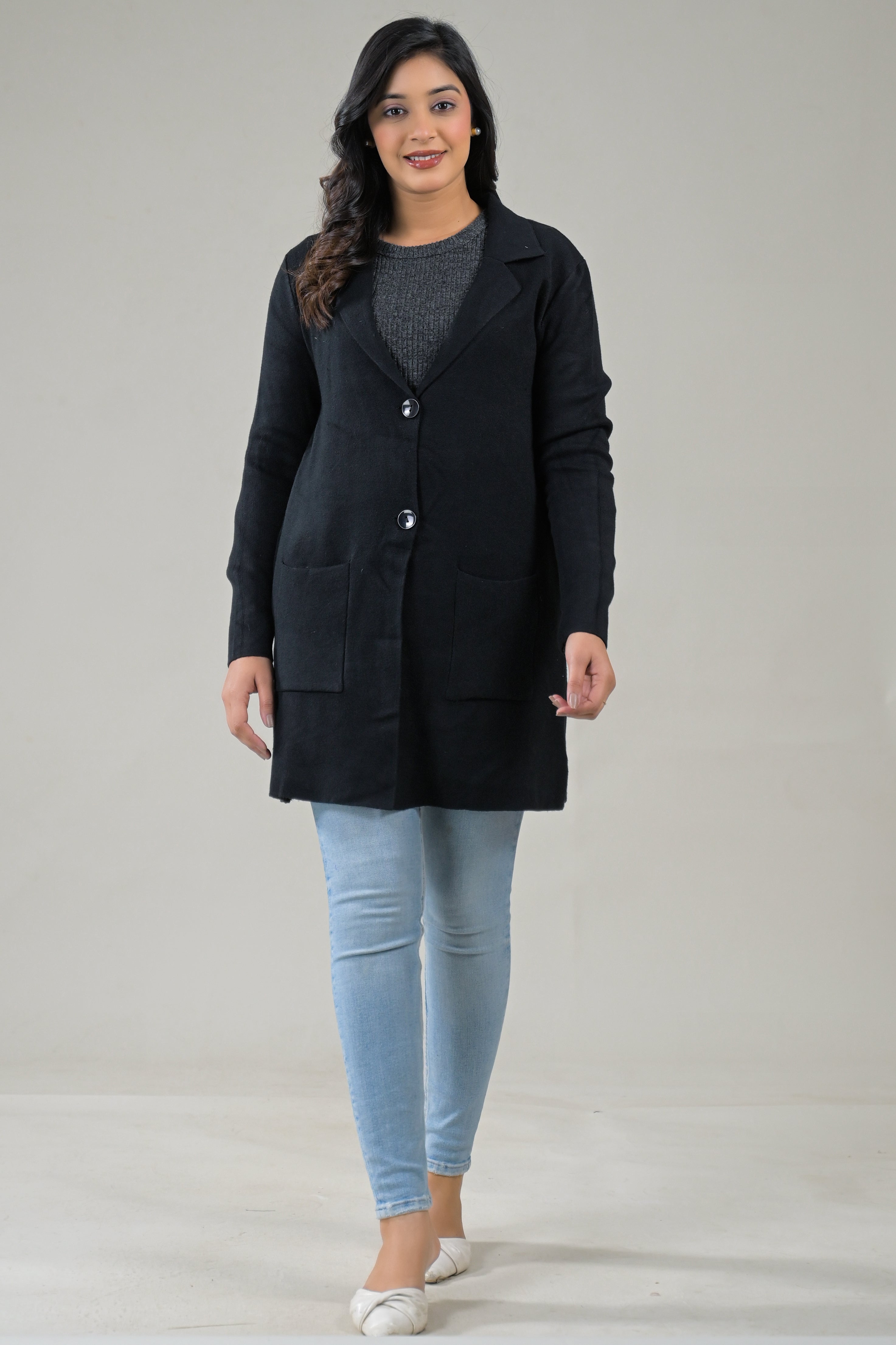 Soul Armor Solid -Front Button Full Sleeve Long Winter Shrug