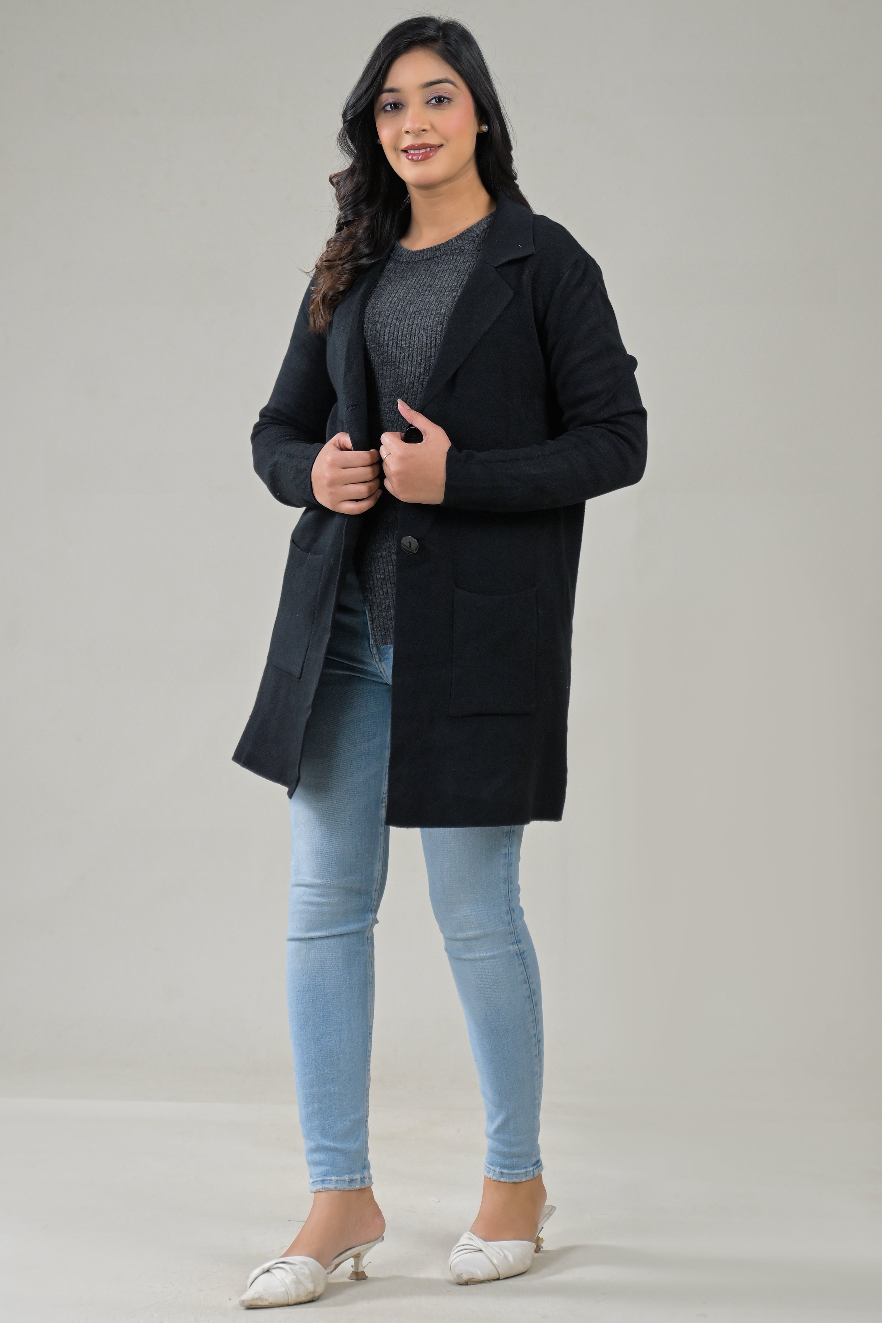 Soul Armor Solid -Front Button Full Sleeve Long Winter Shrug